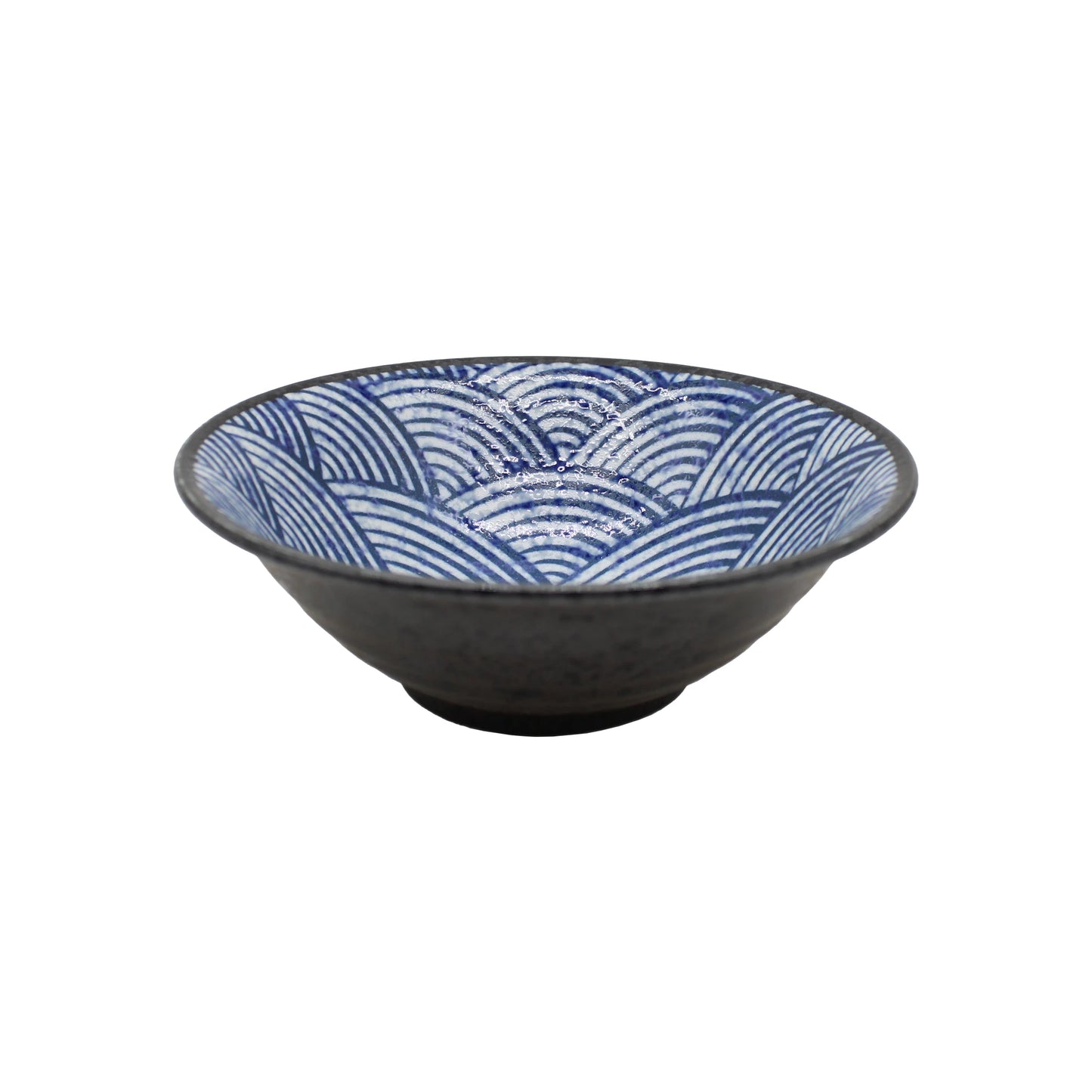 The Ramen Bowl - Japanese Wave 'Seikaiha' features blue ocean waves on its porcelain interior and a dark, textured exterior, shown against a white background.
