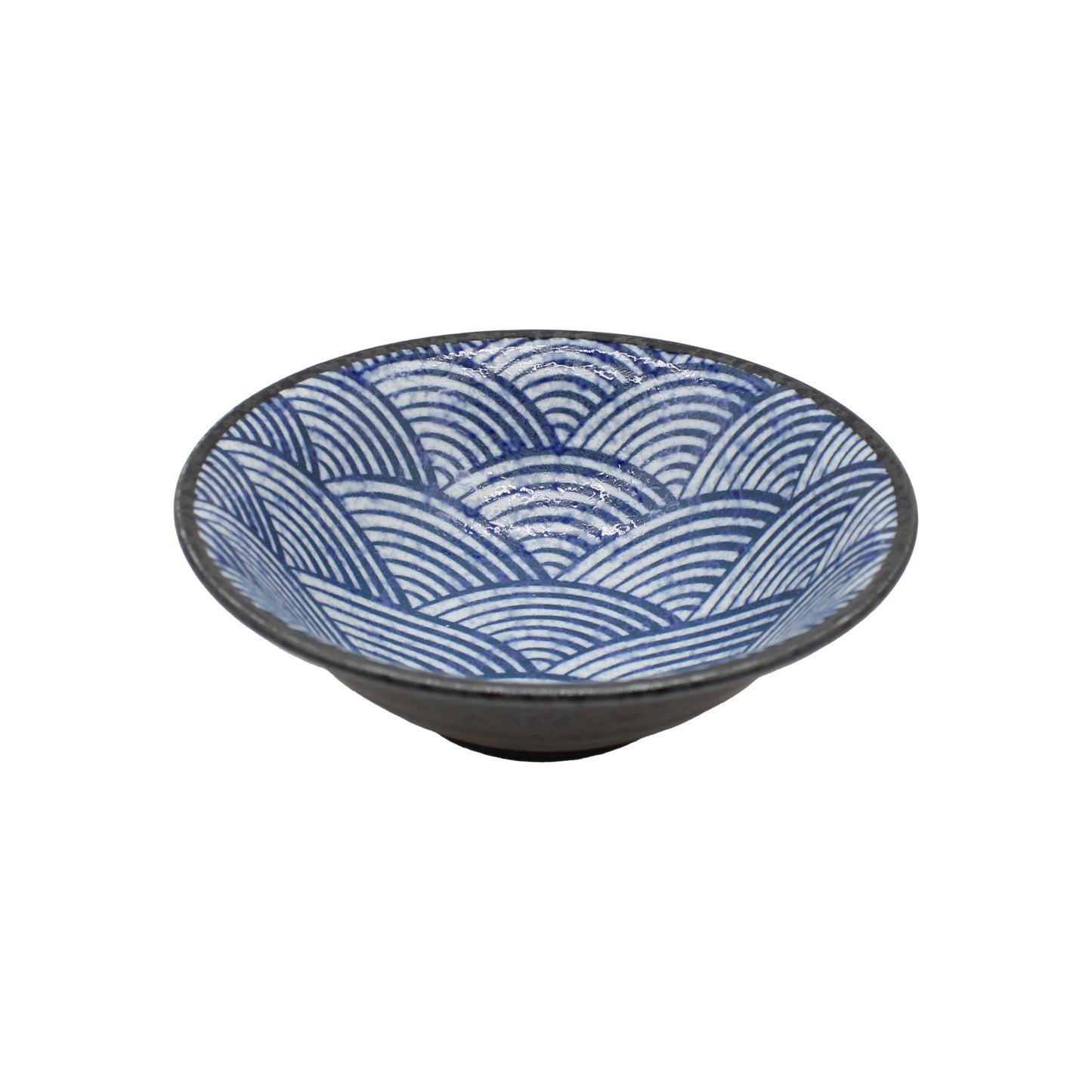 
                  
                    The Ramen Bowl - Japanese Wave 'Seikaiha' features a shallow design with a blue and white ocean wave pattern on the inside surface.
                  
                