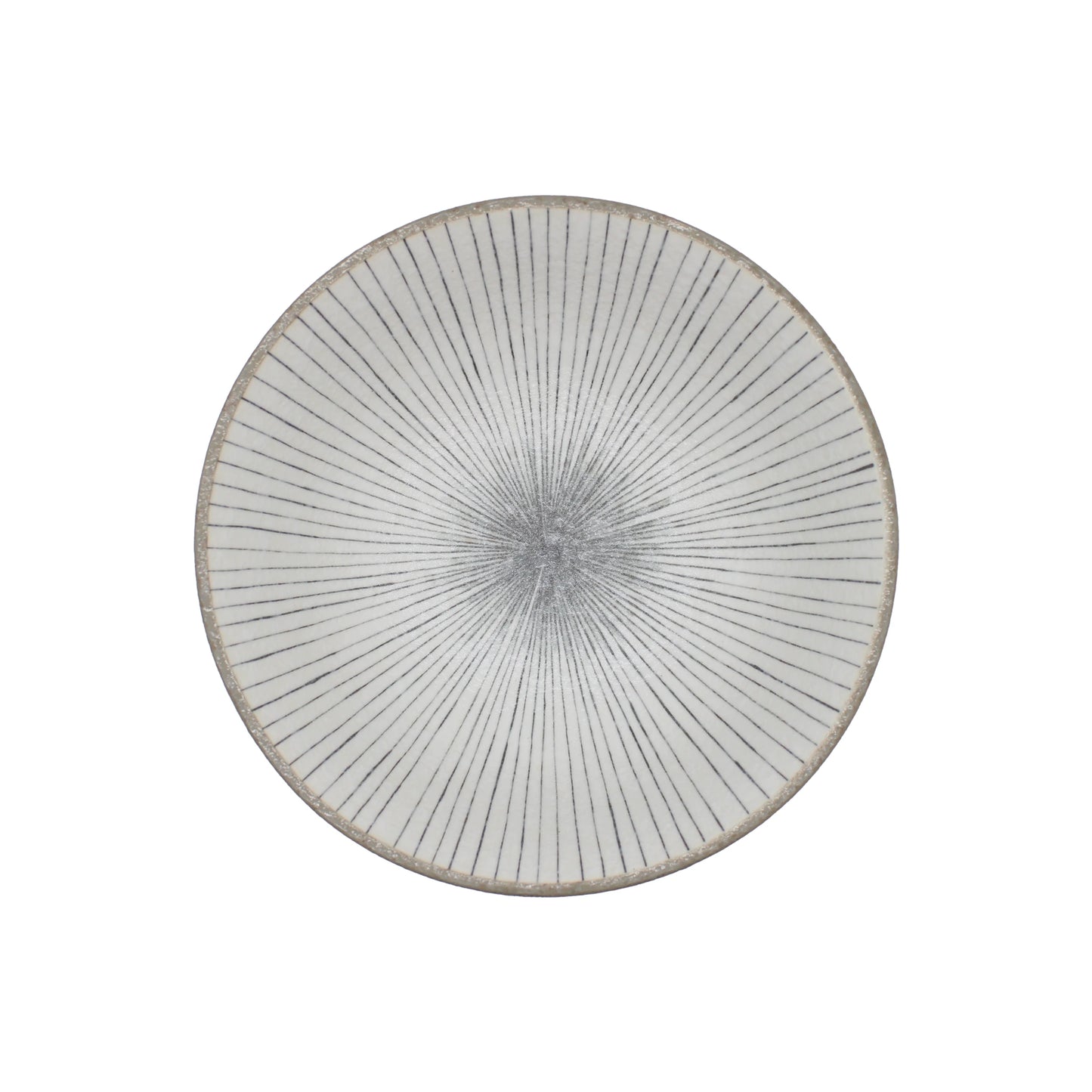 The Ramen Bowl - Lined Earth features a round ceramic design with a white surface and thin, evenly spaced gray lines radiating from the center, evoking the style of handcrafted Japanese porcelain bowls.