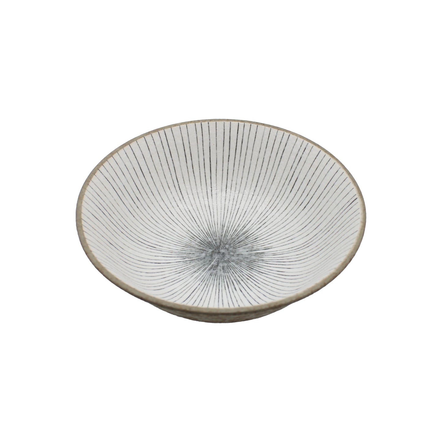 
                  
                    The Ramen Bowl - Lined Earth is a shallow ceramic plate featuring a grey and white radial line pattern, resembling a handcrafted noodle bowl, shown from above on a white background.
                  
                