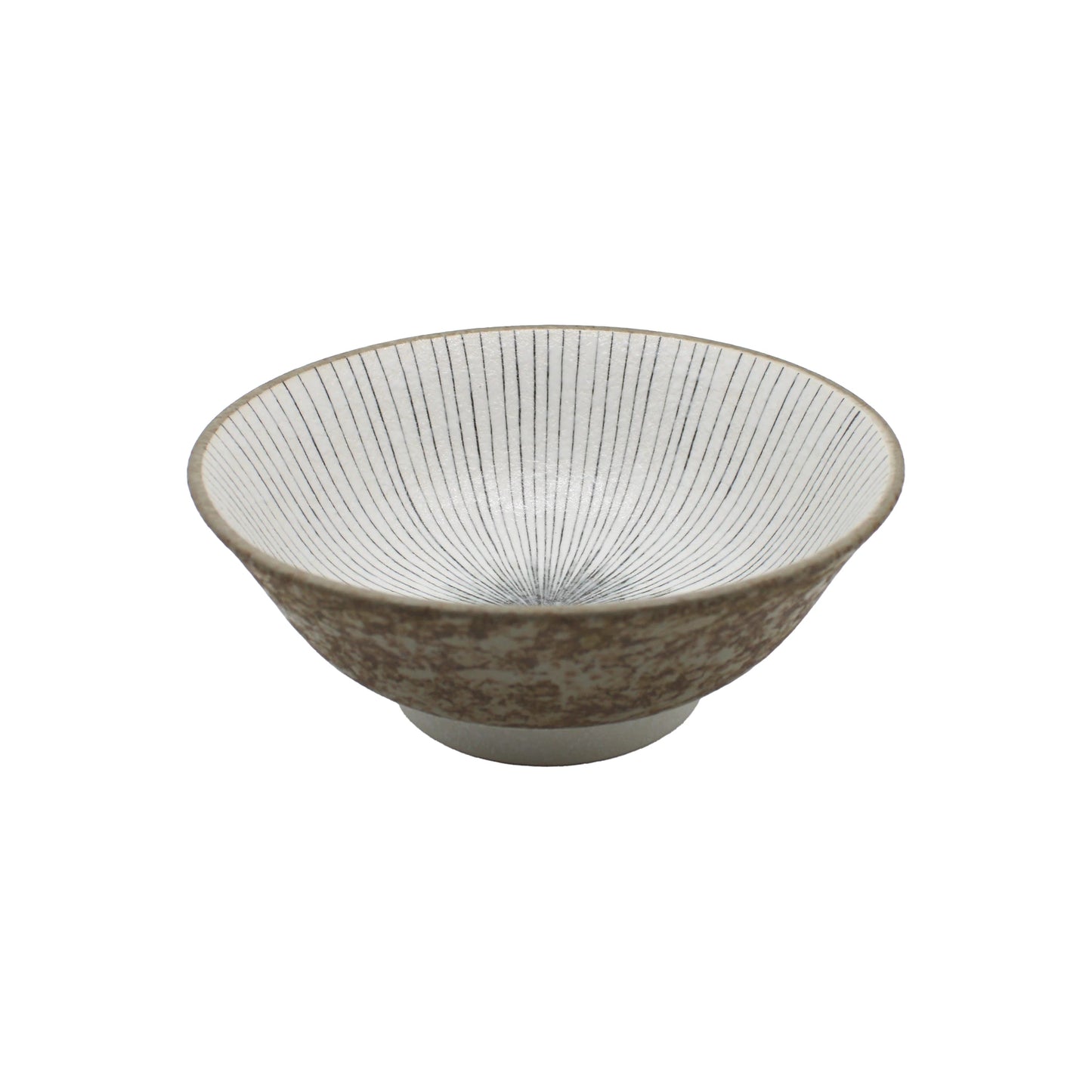 The Ramen Bowl - Lined Earth features a handcrafted design with a brown and white speckled exterior and a white interior adorned with fine vertical black lines.