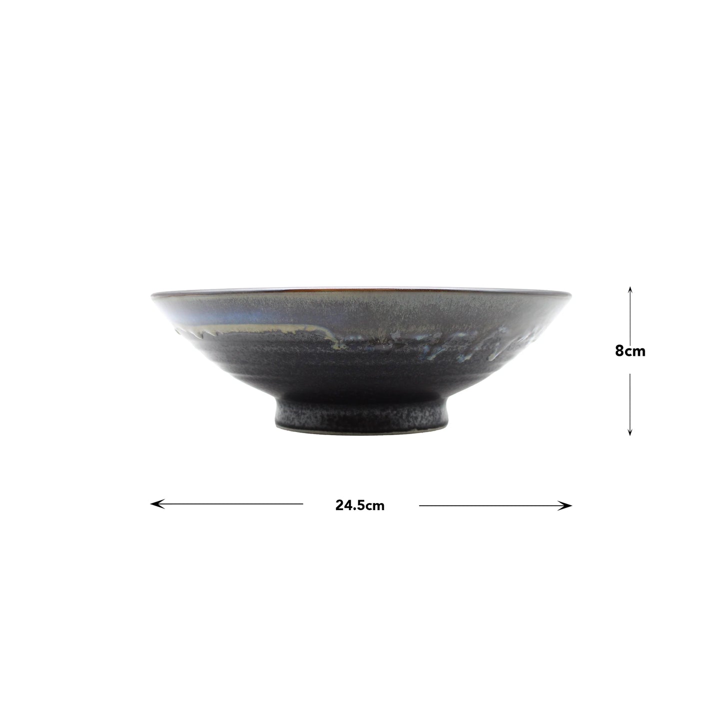
                  
                    The Ramen Bowl - Matt Black with Gloss Rim is a hand-finished Minoyaki porcelain bowl, measuring 24.5 cm in diameter and 8 cm in height, shown on a white background with measurement arrows.
                  
                