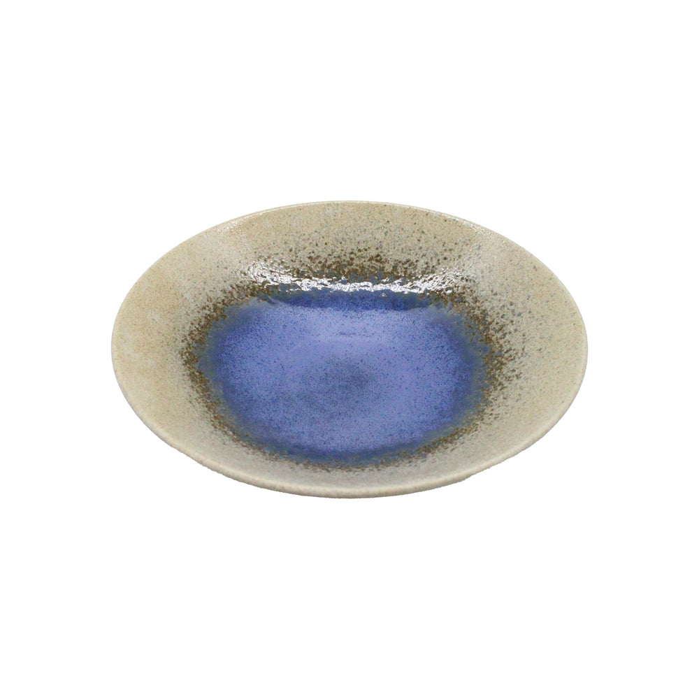 
                  
                    The Ramen Bowl - Minoyaki Mori Aya White and Blue is a round ceramic bowl handcrafted in Japan, featuring a beige outer rim and a blue glazed center, displayed on a plain white background.
                  
                