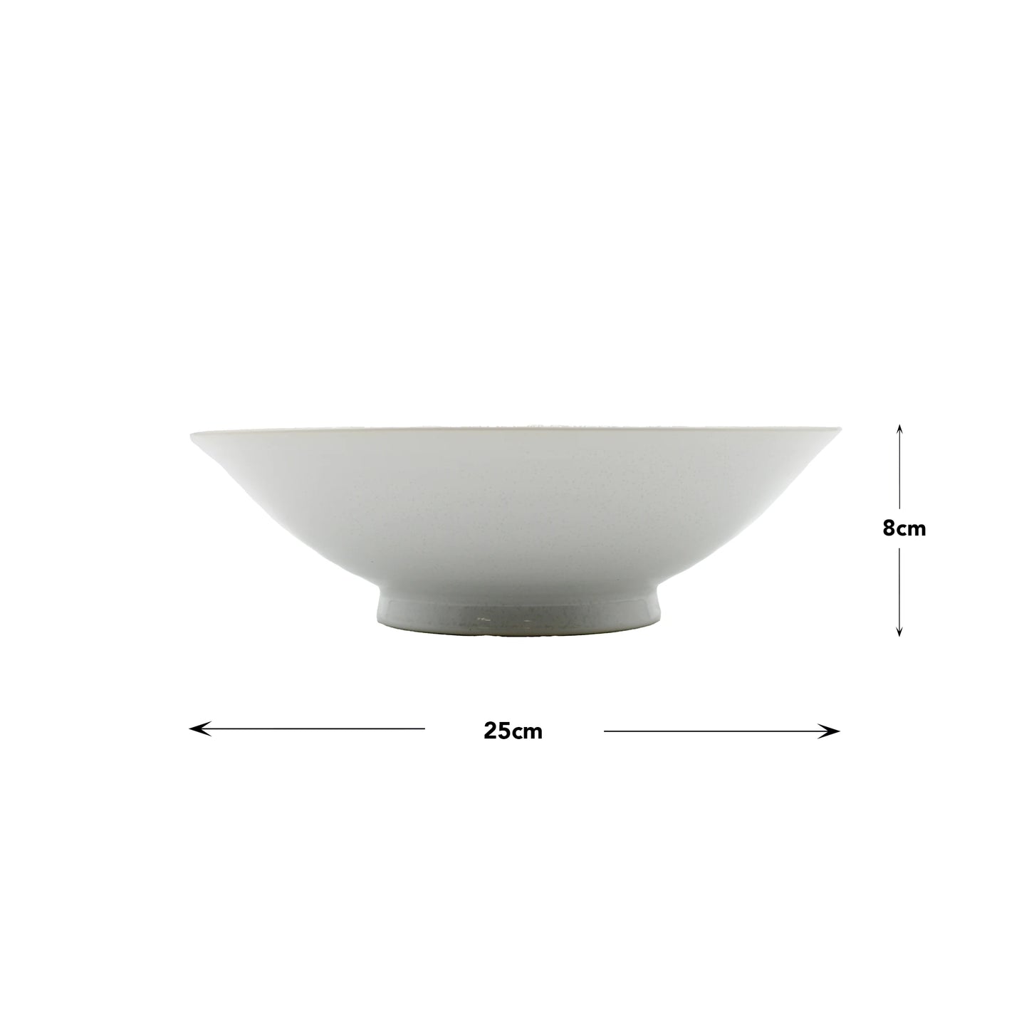 A side view of the Ramen Bowl - Parchment White shows its plain Minoyaki porcelain design with labeled dimensions of 25 cm diameter and 8 cm height, reflecting a timeless Japanese aesthetic.