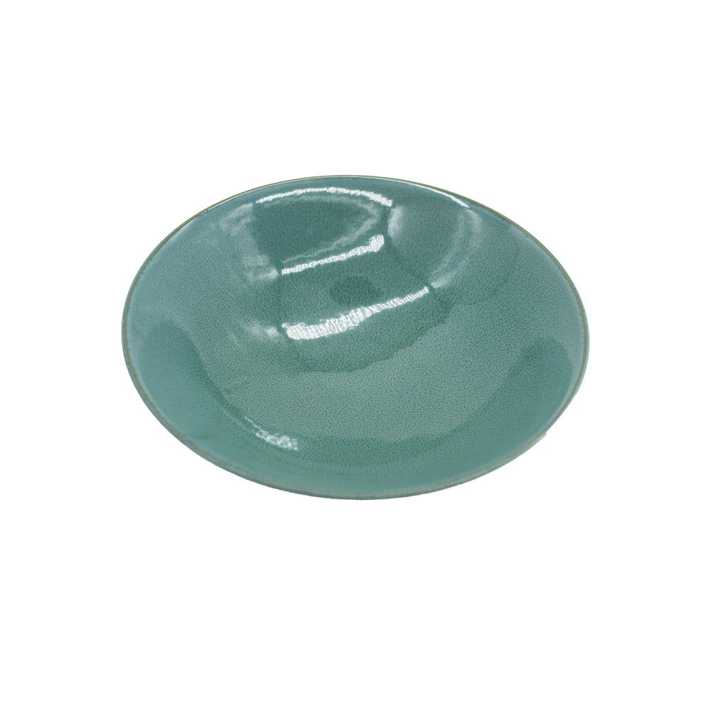 The Peacock Ramen Bowl is a shallow, round ceramic bowl in light green with a glossy finish, ideal for serving Japanese meals. Photographed on a white background.