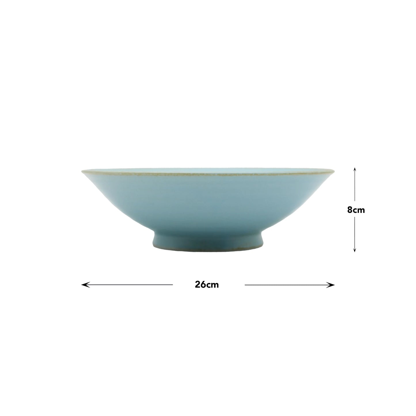 The Ramen Bowl - Soda Blue is a light blue Minoyaki porcelain bowl by Taka kiln, measuring 26 cm in diameter and 8 cm in height, displayed on a plain white background with measurement indicators.