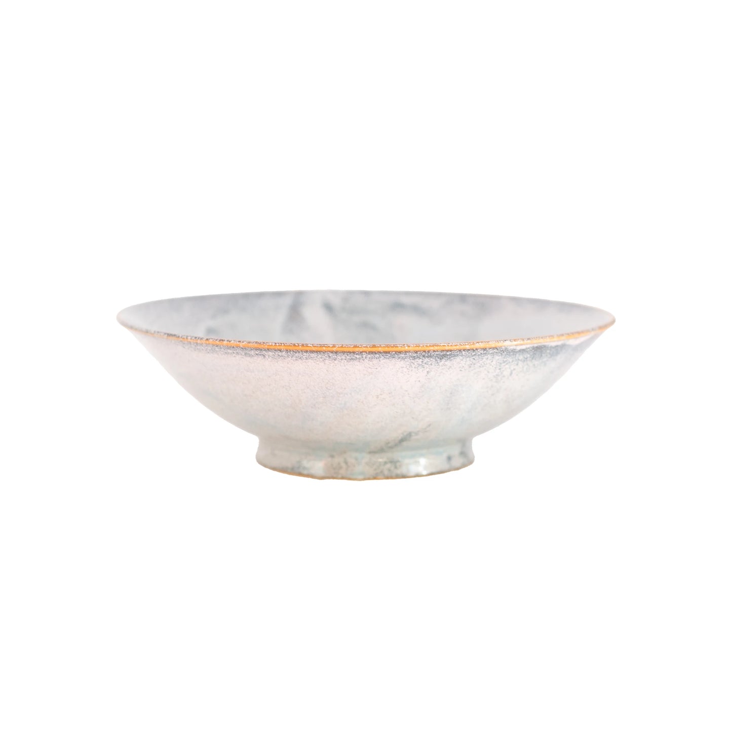 The Ramen Bowl - Steel Grey is a shallow, round ceramic bowl with a pale, speckled glaze and slightly raised foot. Handmade and microwave safe, it's pictured on a white background.