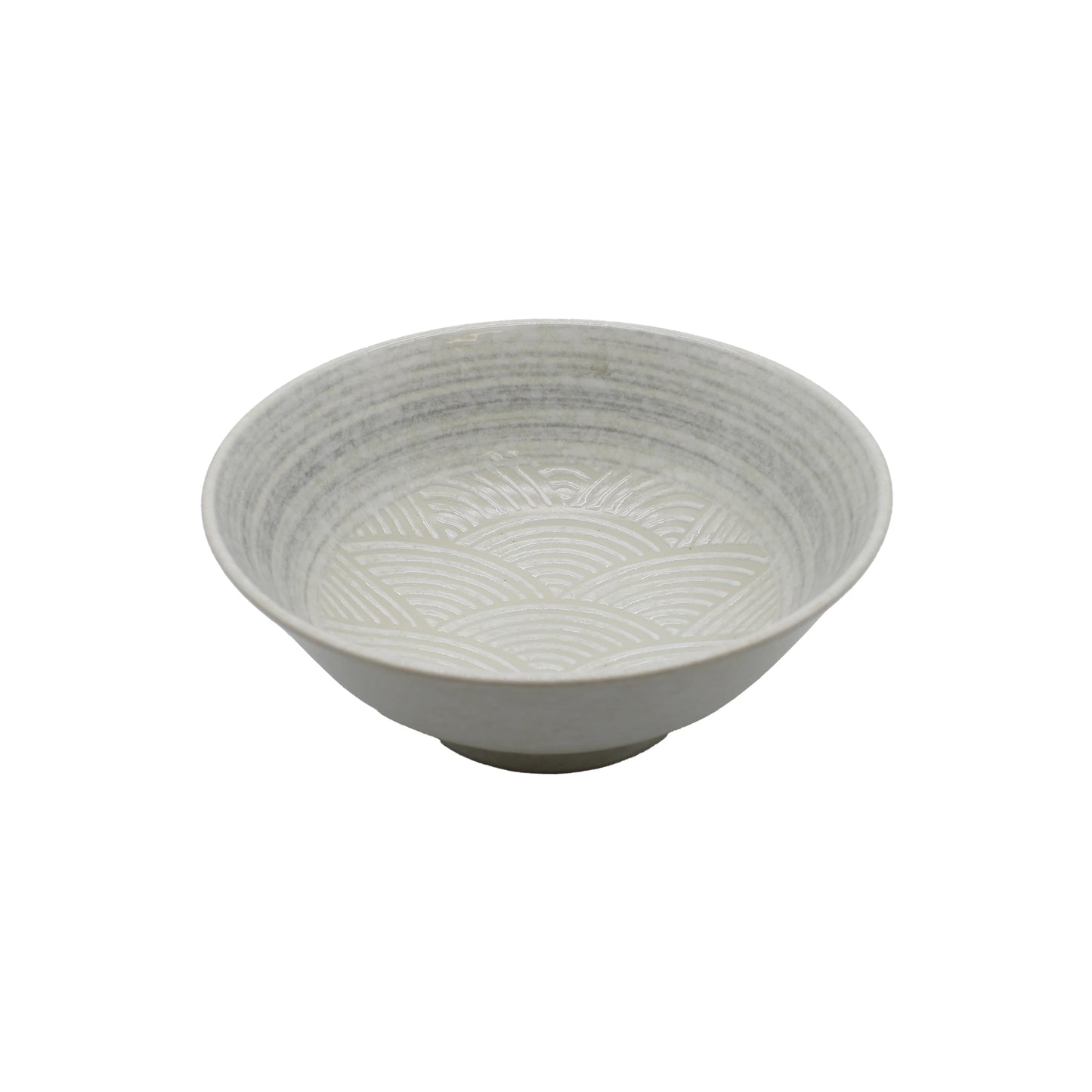 
                  
                    The Ramen Bowl - White 'Seikaiha' Wave is a shallow, round Japanese ceramic bowl with a light gray finish and a subtle Seikaiha wave pattern inside.
                  
                