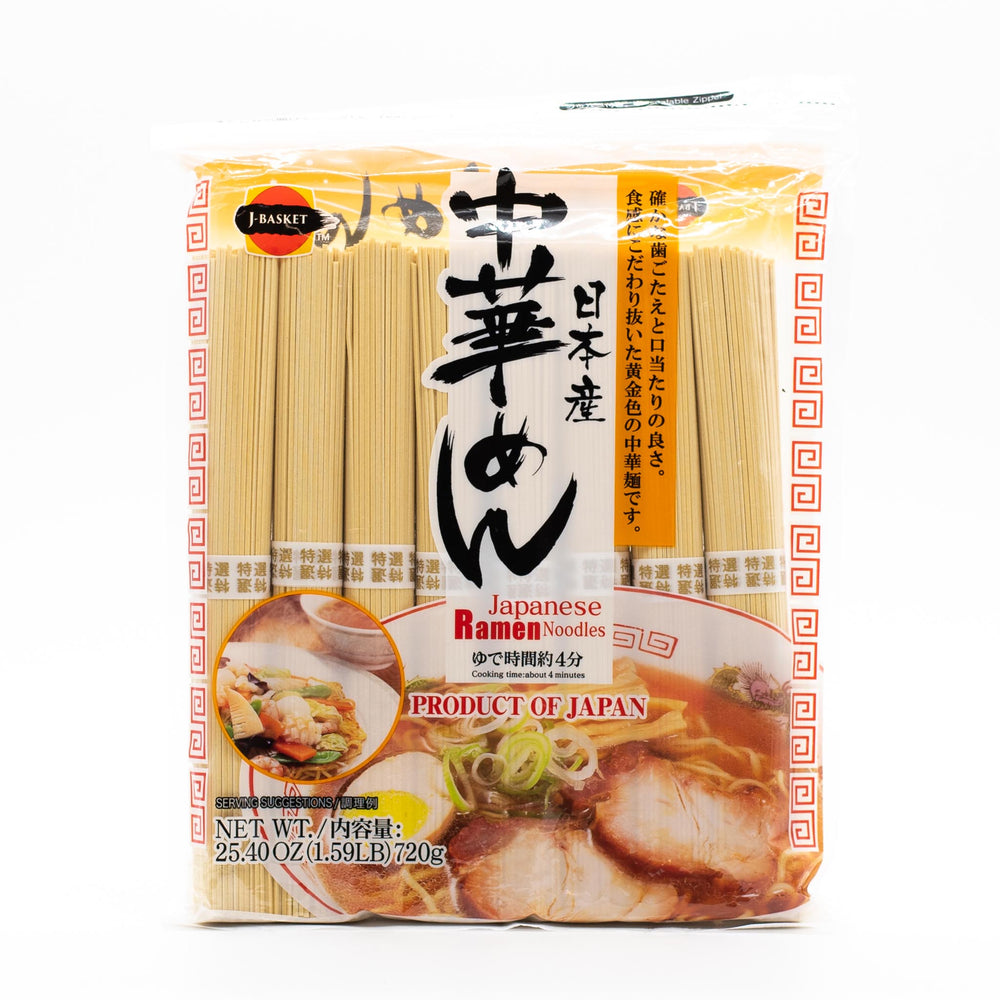 A package of Ramen Noodles - 720g features Japanese and English text, food images, and a clear window showing egg-free noodles inside. Enjoy authentic Japanese flavor. Net weight: 25.40 oz (1.59 lbs) / 720g.