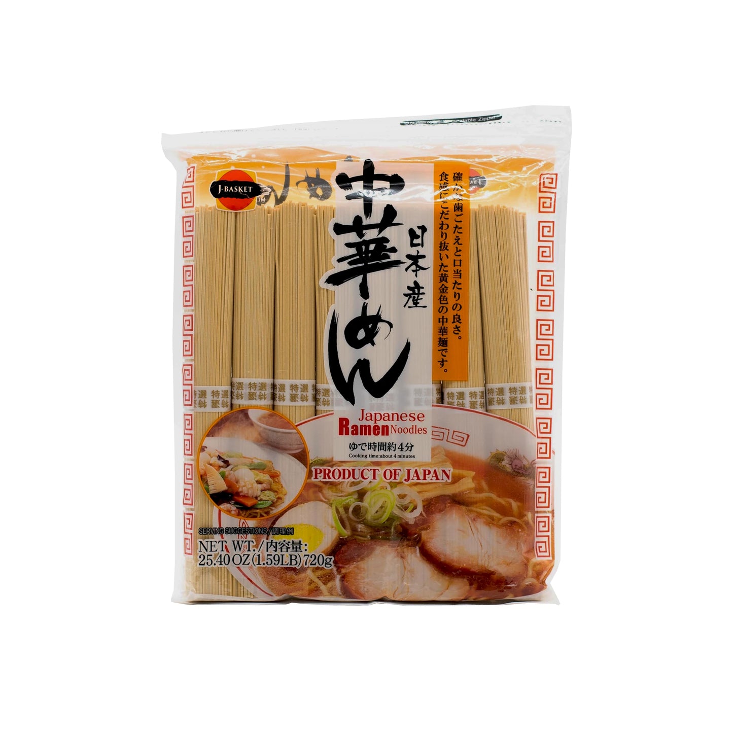 A 720g package of Ramen Noodles featuring Japanese and English text, a photo of prepared ramen, and product info on the front.