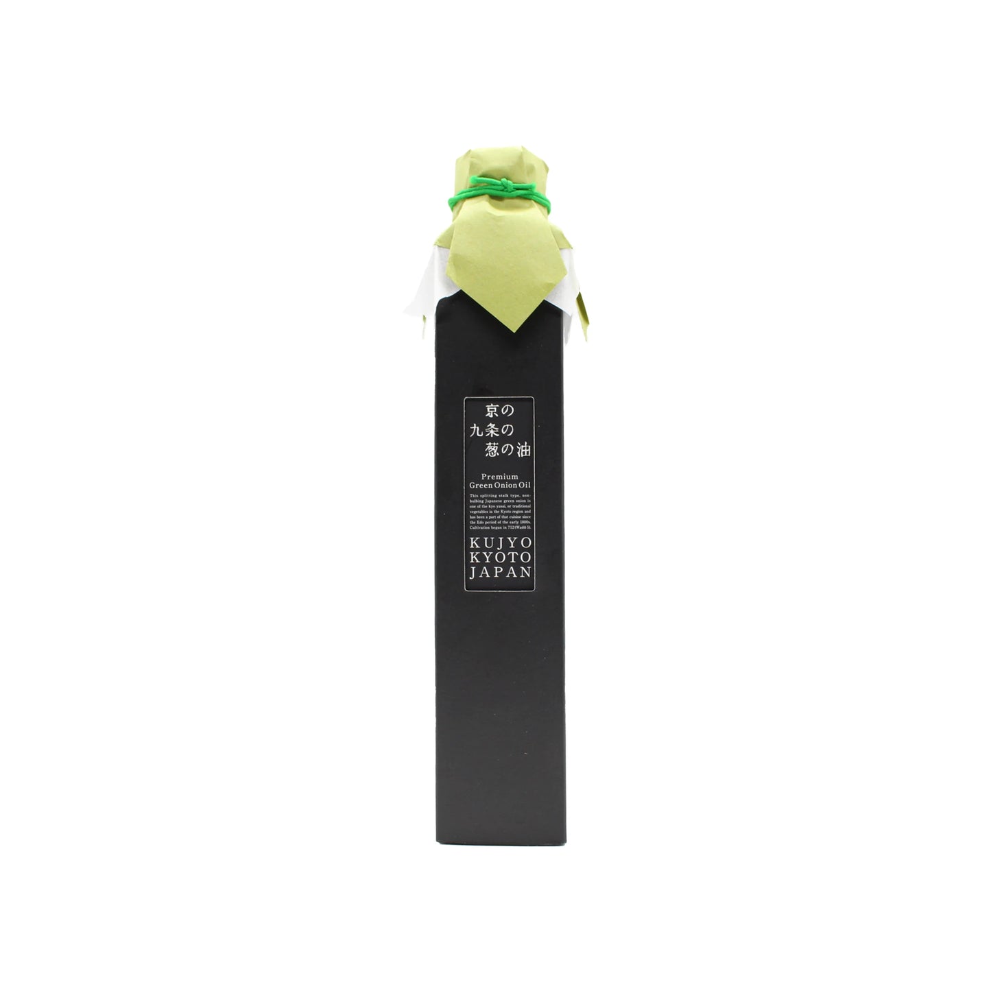 A tall, rectangular black bottle with a green and cream paper-wrapped cap and Japanese text on the label, Rapeseed Oil with Scallion Kujyo Negui - 200g is perfect for enhancing Japanese cuisine.