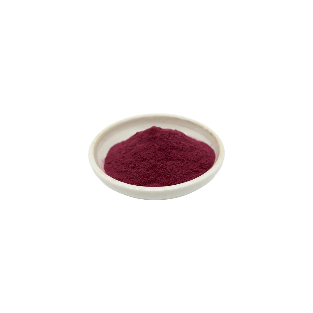 
                  
                    A shallow white dish holds a mound of fine, dark red Maple Leaf, Freeze Dried Powder - 50g, displayed against a plain white background.
                  
                