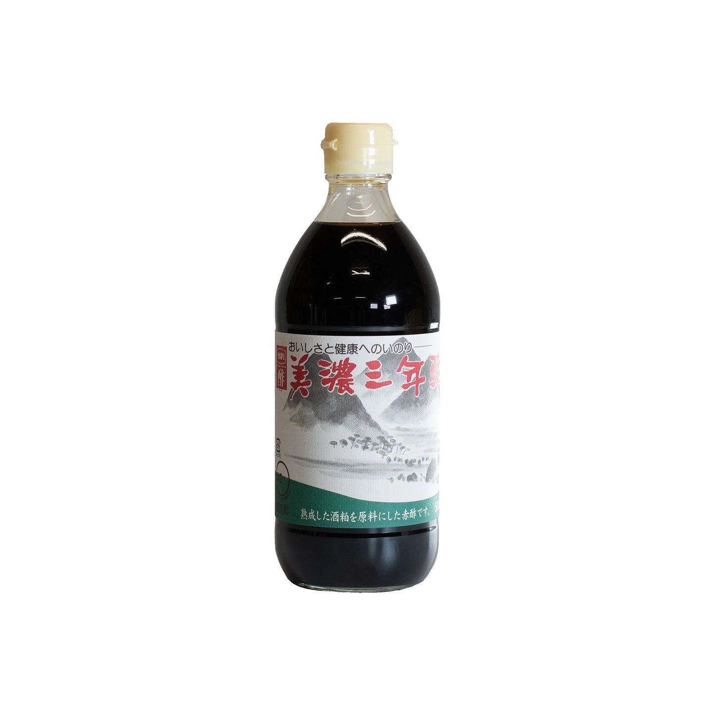A 500ml bottle of Red Sake Kasu Vinegar, aged 3 years, with a beige cap and label featuring Japanese text and an image of Mount Fuji, offering subtle notes reminiscent of traditional Japanese vinegar.