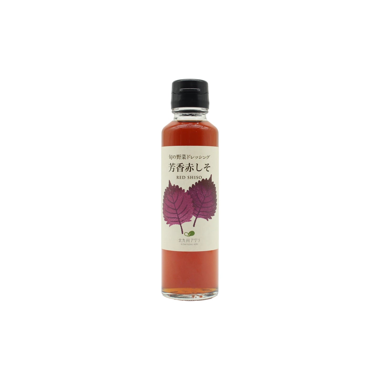 A clear glass bottle containing Red Shiso Seasoning - 150ml, filled with vibrant red liquid and adorned with a label displaying two purple shiso leaves alongside Japanese text, capped with a black lid—ideal for adding authentic flavor to Japanese cuisine.