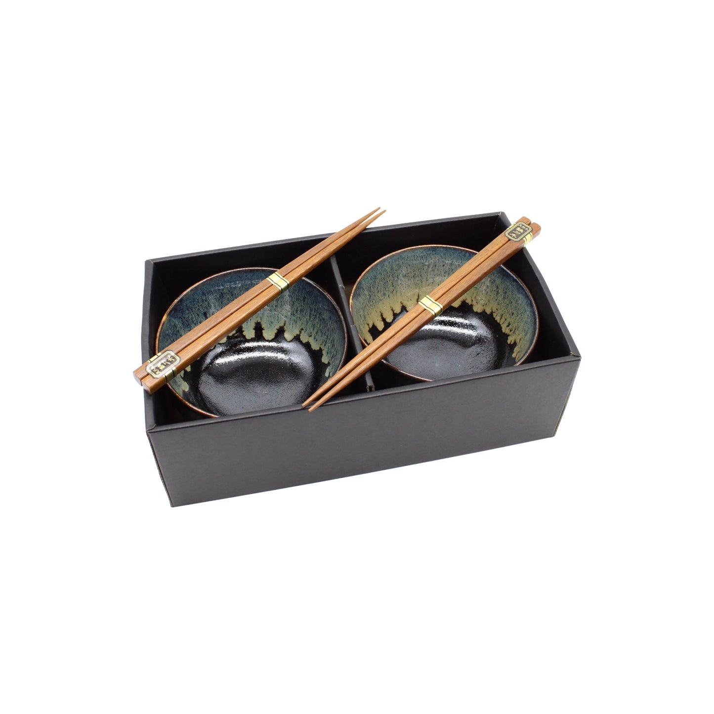 
                  
                    The Black Cascade Bowls Gift Set features two Japanese ceramic bowls with ombre blue-brown glaze and matching wooden chopsticks, beautifully presented in a black box—an elegant gift for any occasion.
                  
                