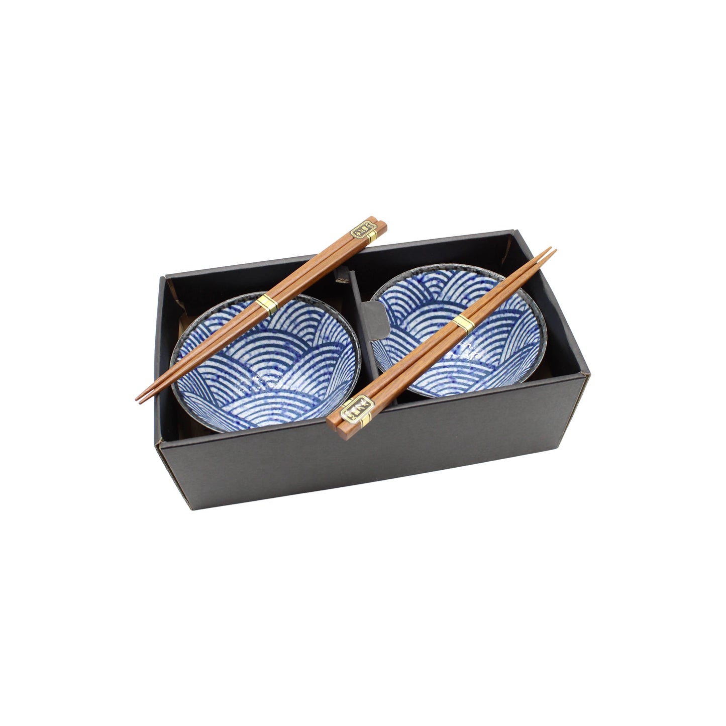 The Seikaiha Wave Design Rice Bowl Gift Set includes two Japanese ceramic rice bowls with Seikaiha patterns and two pairs of wooden chopsticks, all elegantly packaged in a sleek black rectangular box.