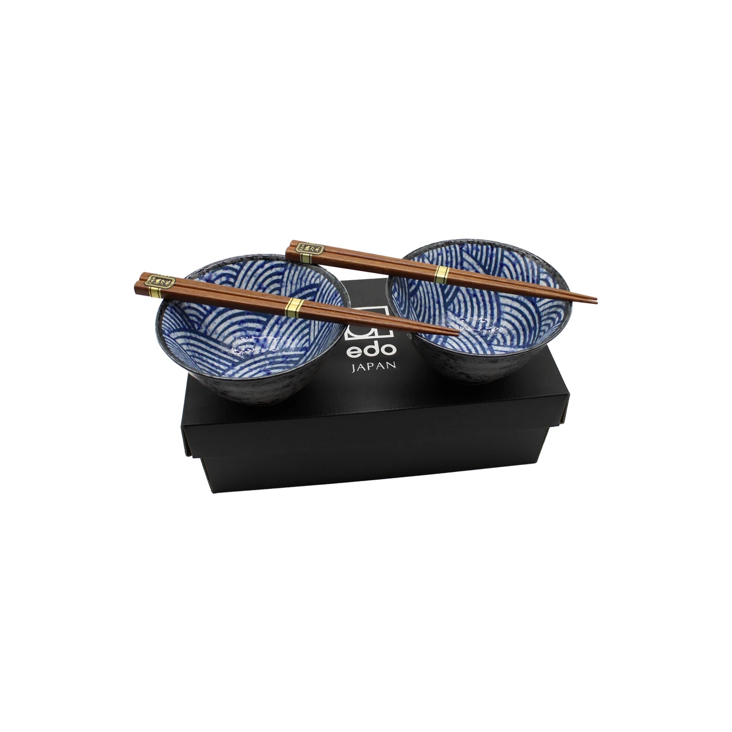 
                  
                    The Seikaiha Wave Design Rice Bowl Gift Set includes two Japanese ceramic rice bowls with a Seikaiha pattern and wooden chopsticks, presented in a black edo JAPAN box—an ideal stylish gift.
                  
                