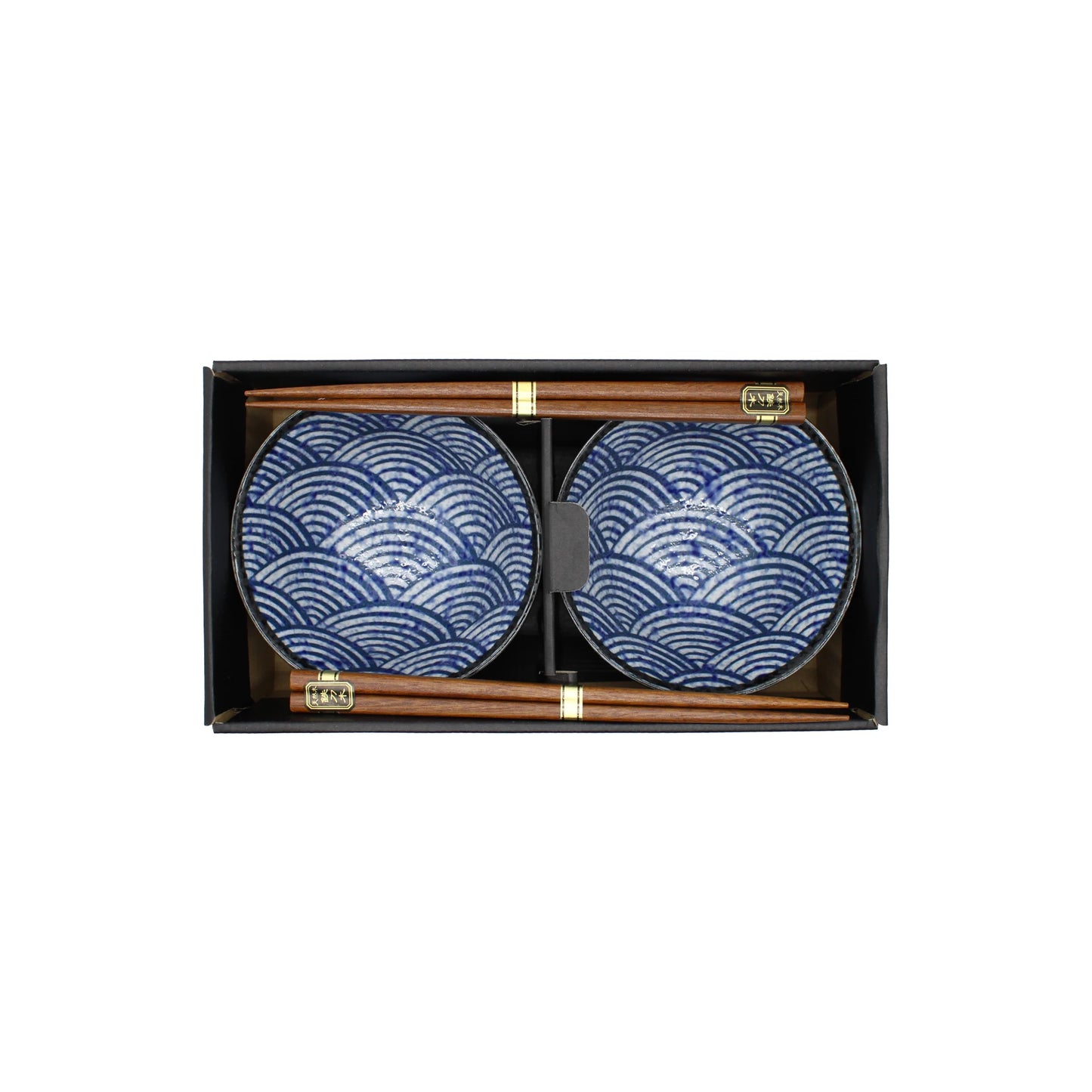 
                  
                    The Seikaiha Wave Design Rice Bowl Gift Set includes two Japanese ceramic bowls with blue wave patterns and two pairs of wooden chopsticks, all beautifully packaged in a black box.
                  
                