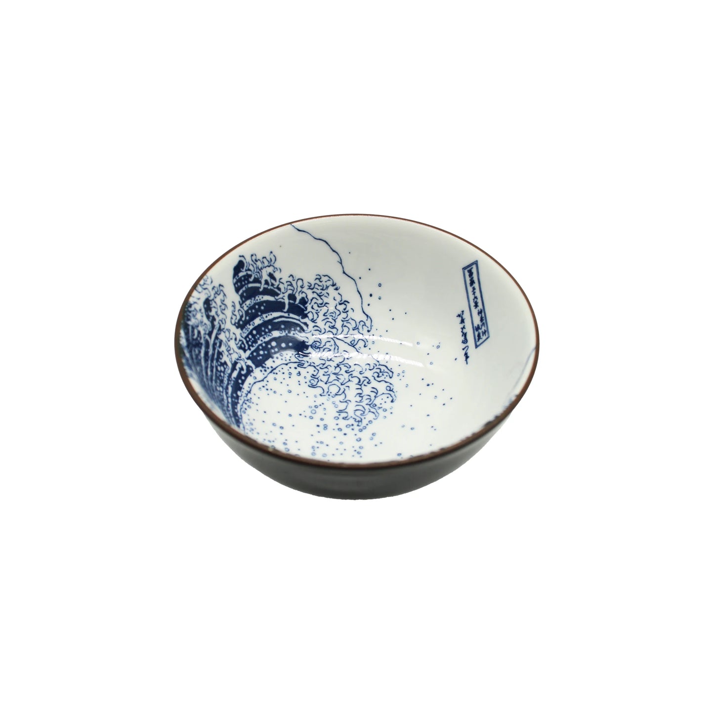 
                  
                    The Rice bowl - Hokusai Great Wave Design White is a small Japanese ceramic tableware piece featuring a blue wave pattern inspired by Hokusai on the interior and a delicate brown rim, shown against a white background.
                  
                