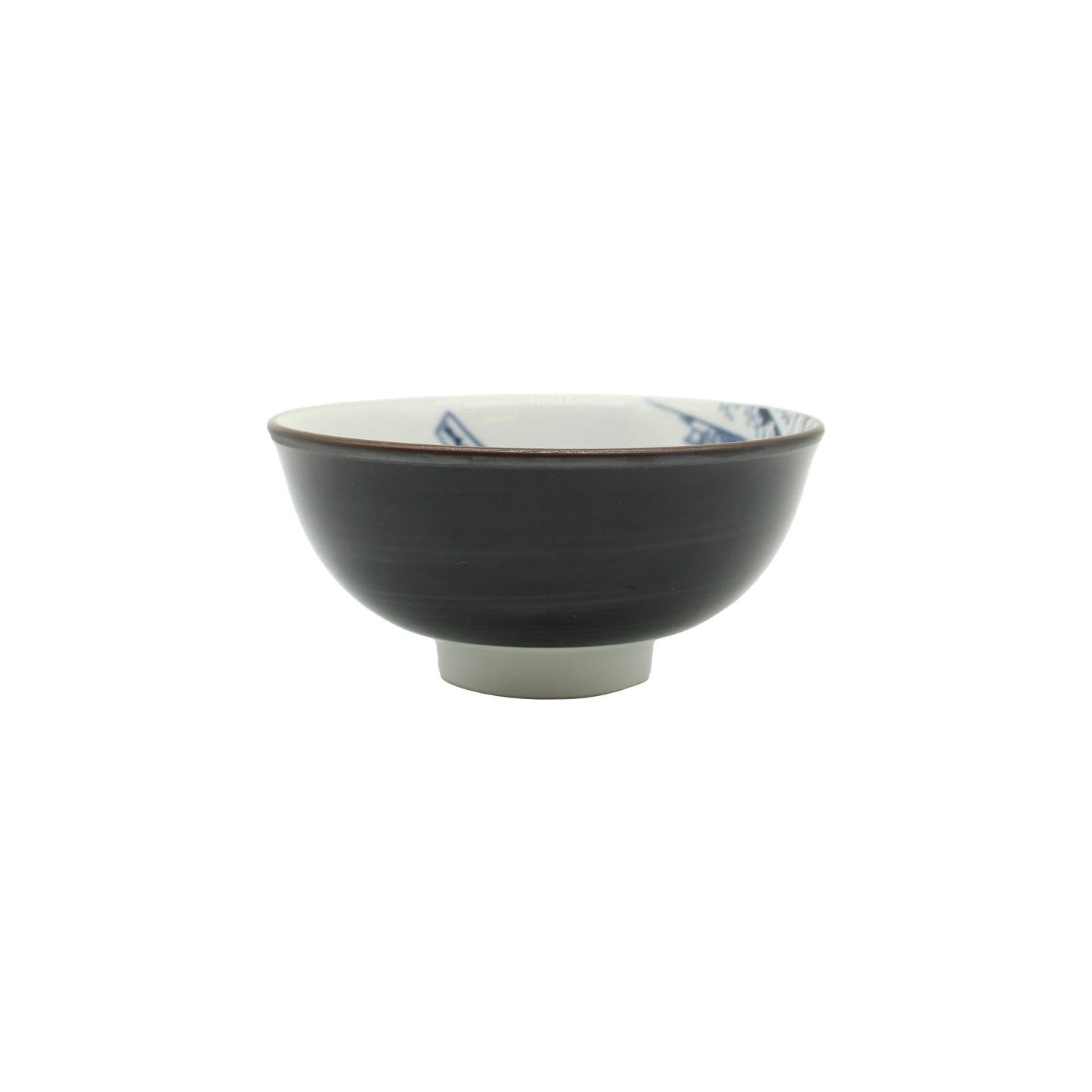 
                  
                    A Minoyaki porcelain bowl named “Rice bowl - Hokusai Great Wave Design White,” featuring a dark brown exterior and a white interior adorned with blue Hokusai-style wave patterns along the inside rim, photographed on a white background.
                  
                