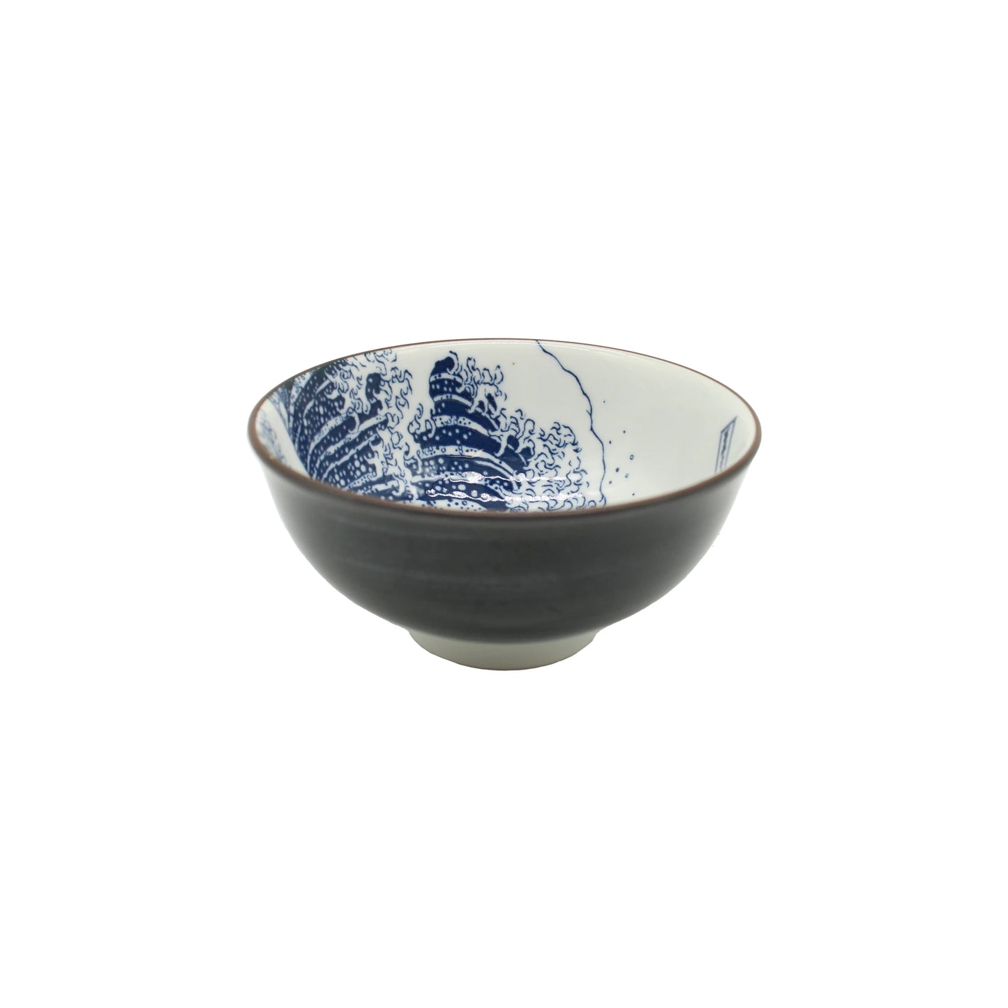 
                  
                    Rice bowl – Hokusai Great Wave Design White: A Minoyaki porcelain bowl with a dark exterior and a white interior, featuring a blue wave motif inspired by traditional Japanese art.
                  
                