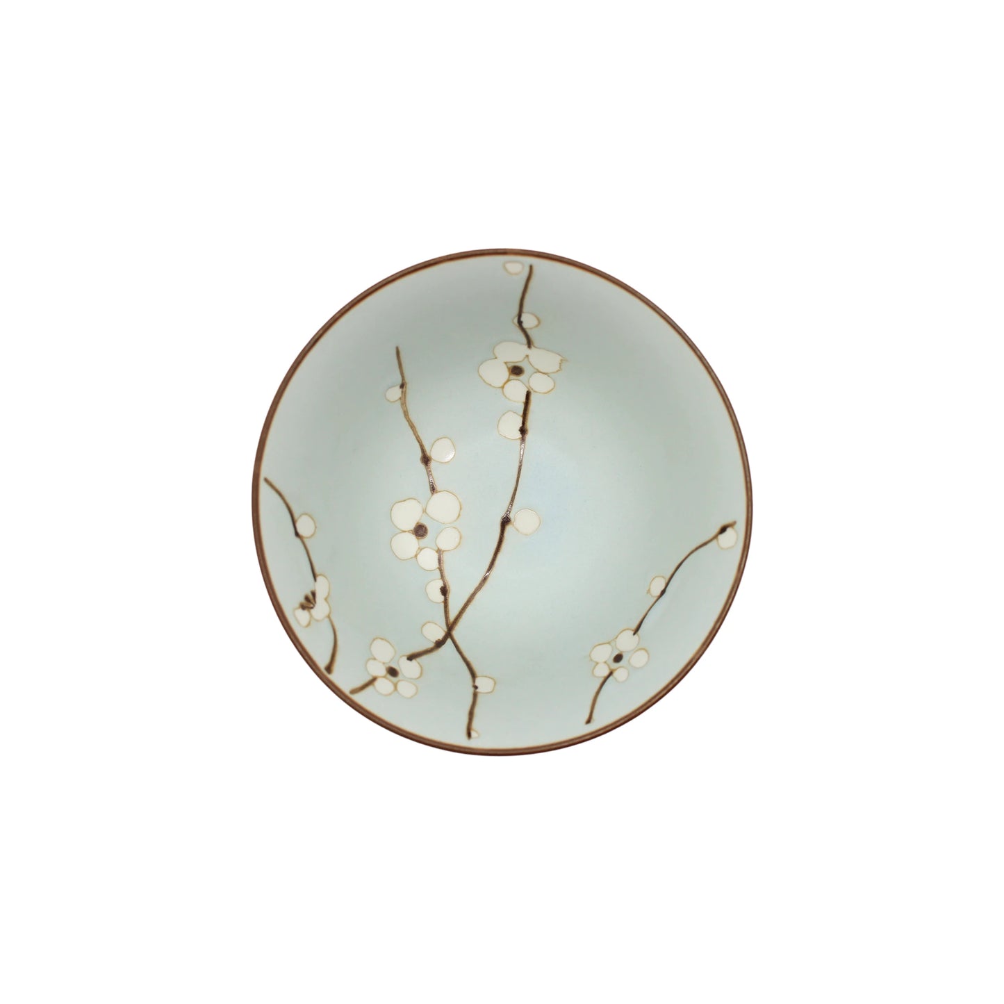 A charming Japanese porcelain rice bowl, the Rice Bowl - Green Cherry Blossom features a round ceramic design with a green cherry blossom motif.