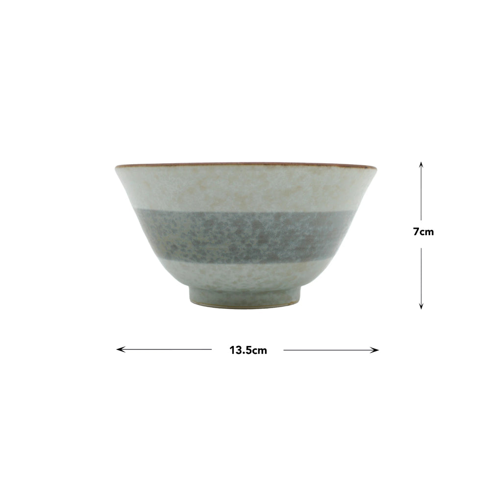 
                  
                    The Rice Bowl - Green Cherry Blossom is a Japanese porcelain bowl with a gray stripe pattern, measuring 13.5 cm in diameter and 7 cm in height, displayed against a white background.
                  
                