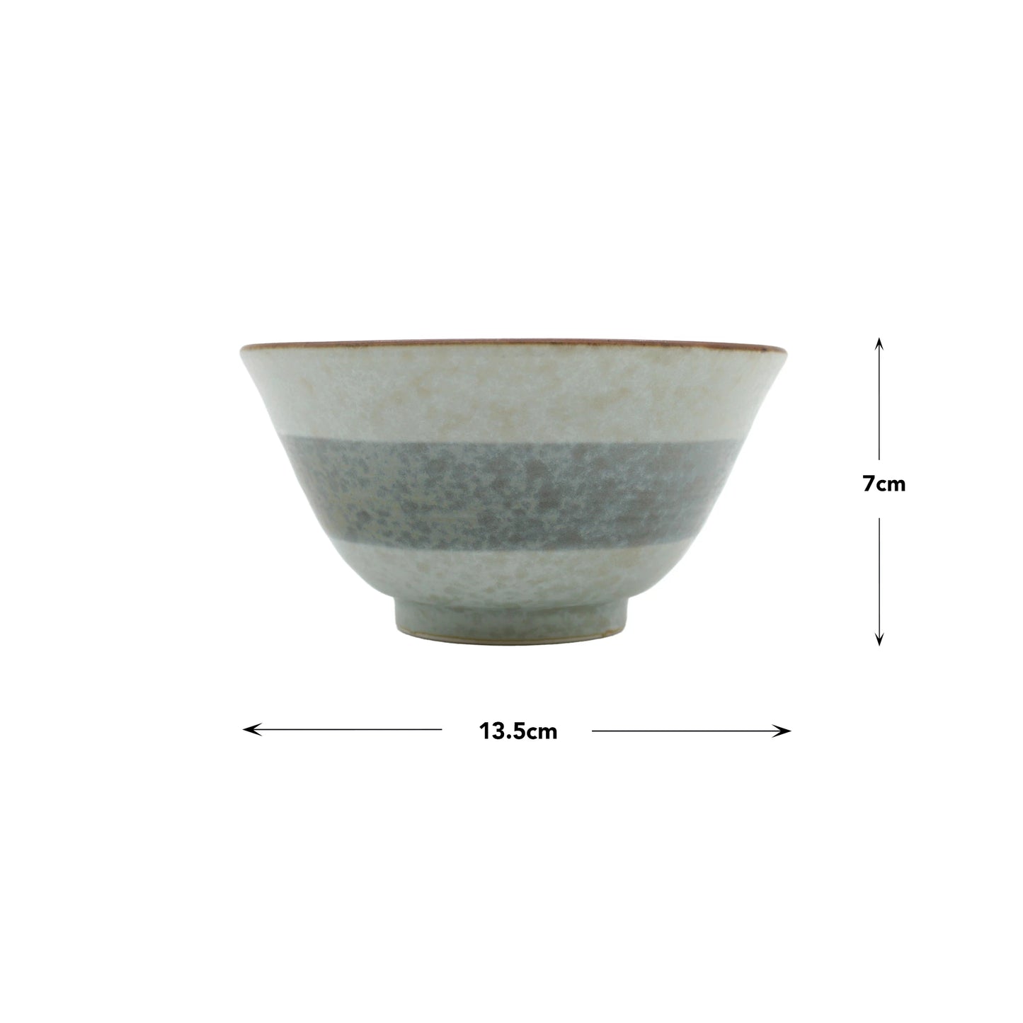 
                  
                    The Rice Bowl - Green Cherry Blossom is a Japanese porcelain bowl with a gray stripe pattern, measuring 13.5 cm in diameter and 7 cm in height, displayed against a white background.
                  
                
