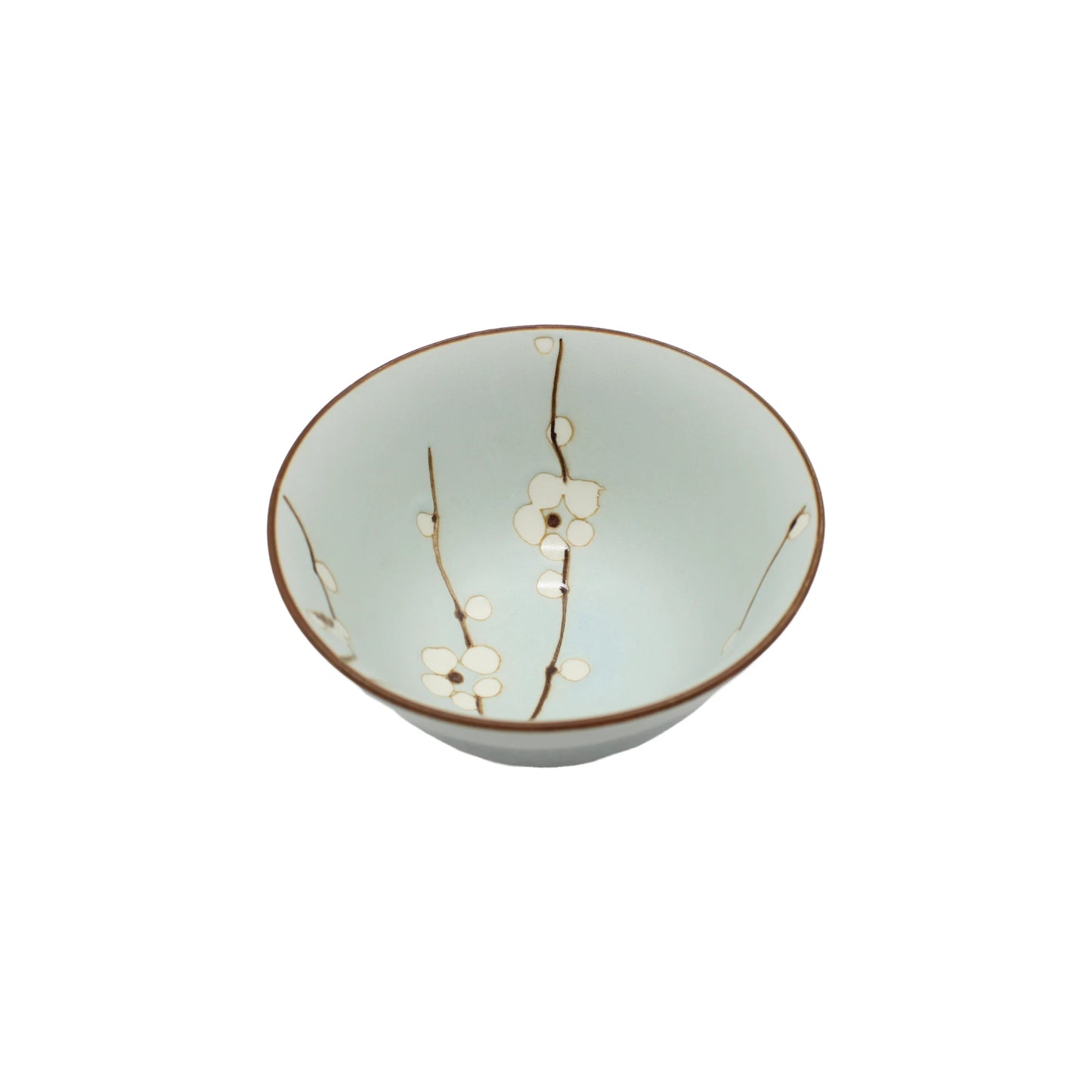 The Rice Bowl - Green Cherry Blossom features a green glaze, brown rim, and a delicate sakura (cherry blossom) branch motif on the interior.