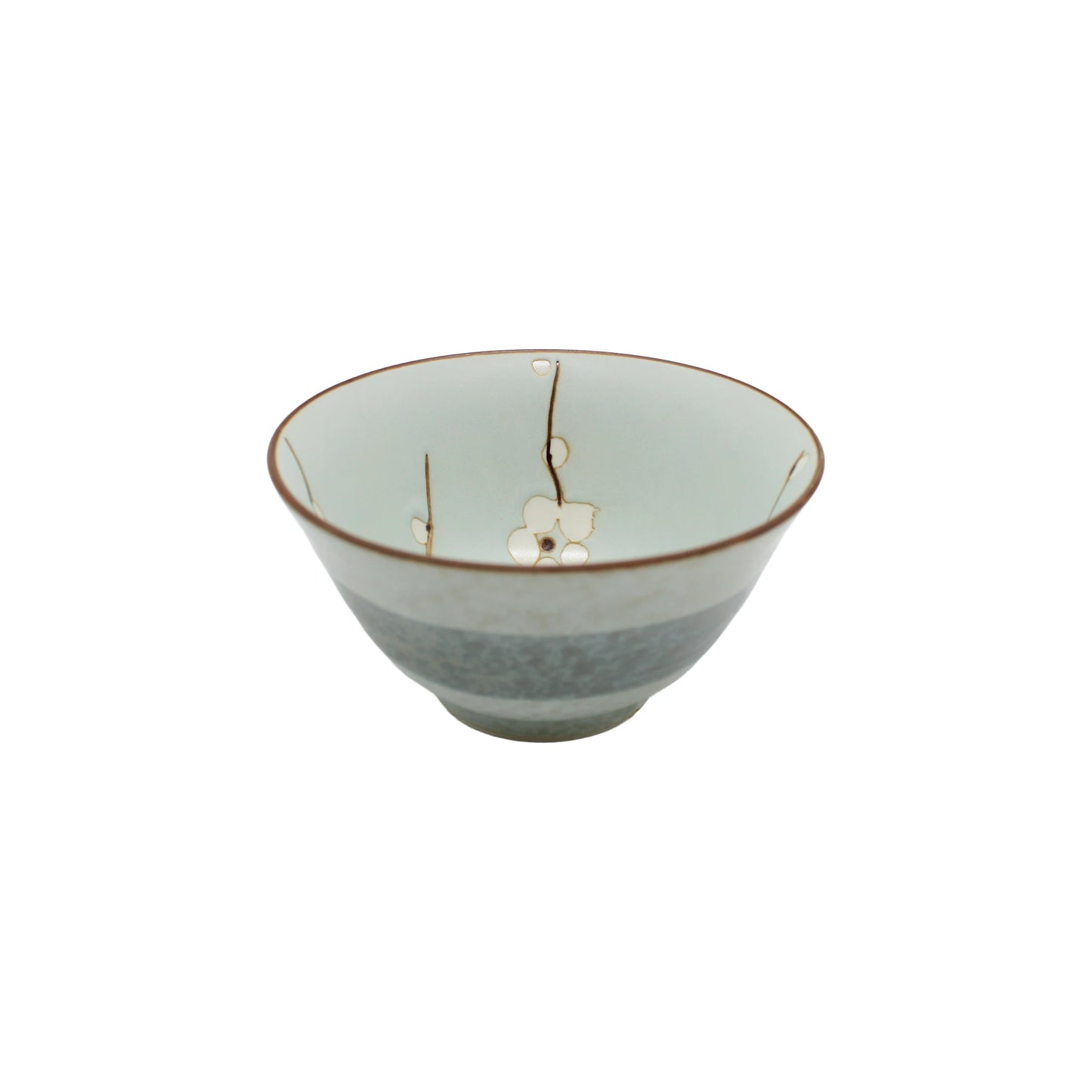 
                  
                    The Rice Bowl - Green Cherry Blossom features Japanese porcelain with a pale green interior, delicate cherry blossom design, and brown rim, shown on a plain white background.
                  
                