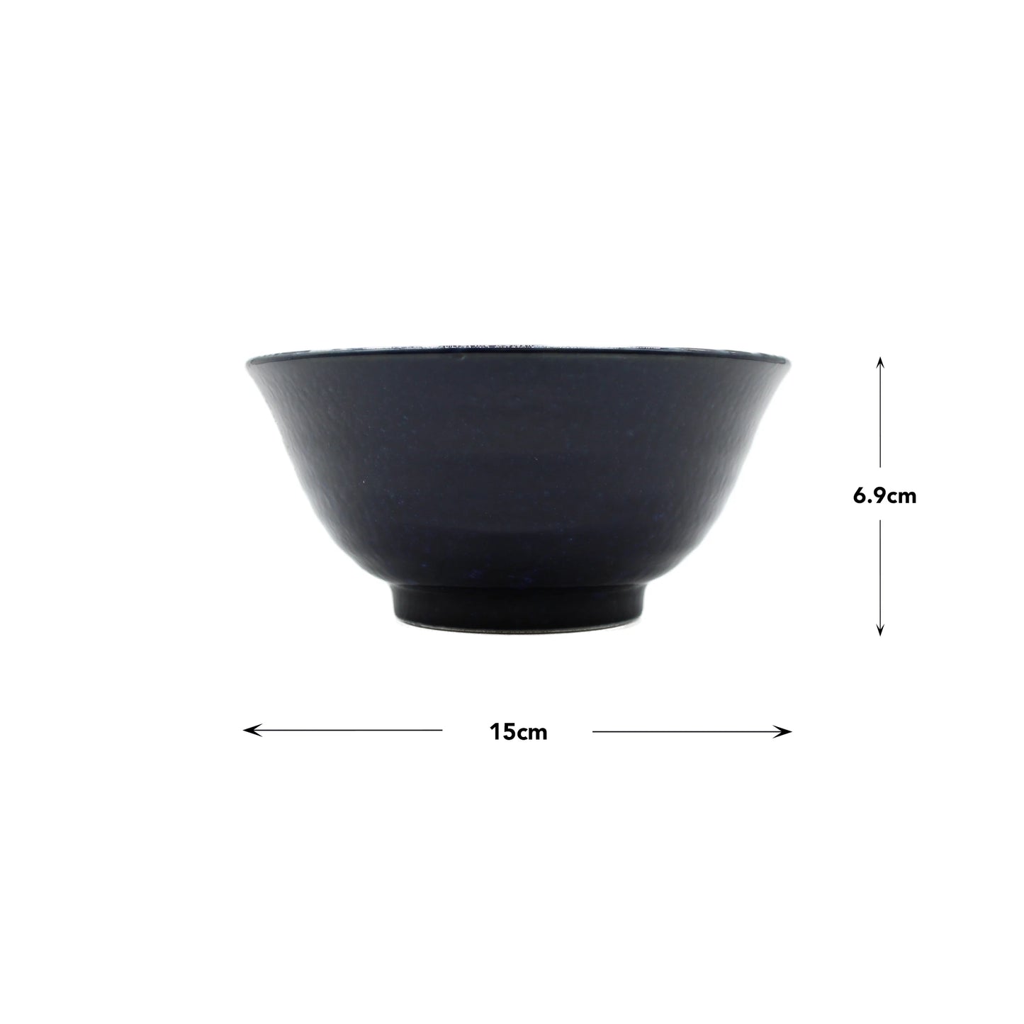 
                  
                    The Rice Bowl - Great Wave Design Blue, a black Minoyaki porcelain bowl measuring 6.9 cm high and 15 cm in diameter, is displayed against a white background.
                  
                