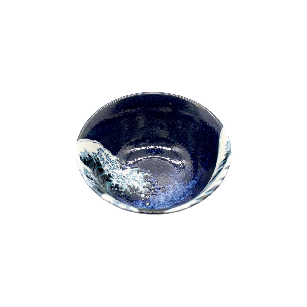 Rice Bowl - Great Wave Design Blue, made from fine Minoyaki porcelain with a blue and white wave pattern inside, shown on a white background.