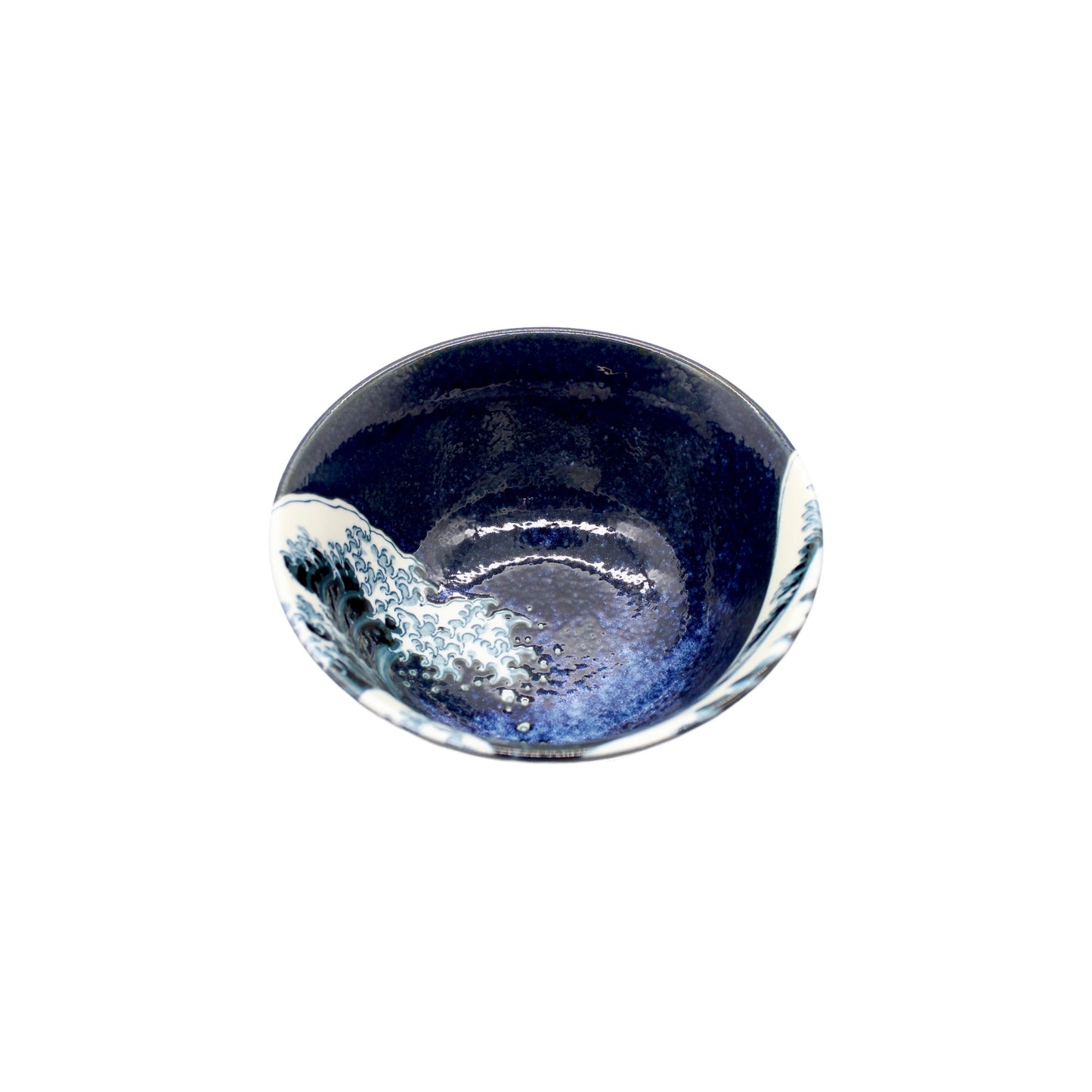 Rice Bowl - Great Wave Design Blue, made from fine Minoyaki porcelain with a blue and white wave pattern inside, shown on a white background.