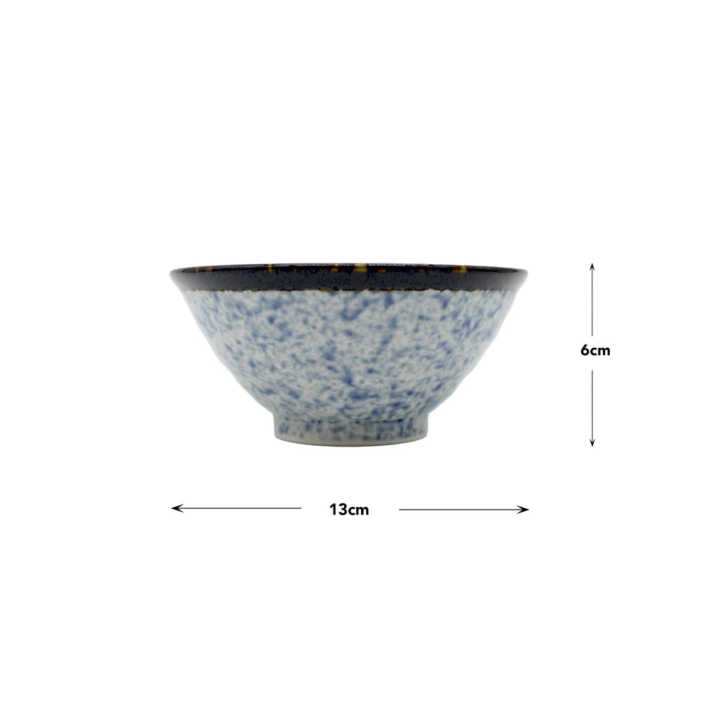 
                  
                    The Rice Bowl - Japanese Wave is a Japanese ceramic bowl with a blue wave design, measuring 13 cm in diameter and 6 cm high, displayed against a plain white background.
                  
                