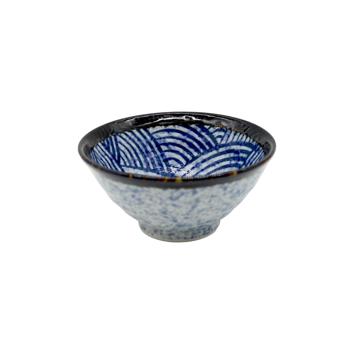 The Rice Bowl - Japanese Wave features a blue and white wave-patterned interior inspired by traditional Japanese art, finished with a dark rim and shown on a white background.