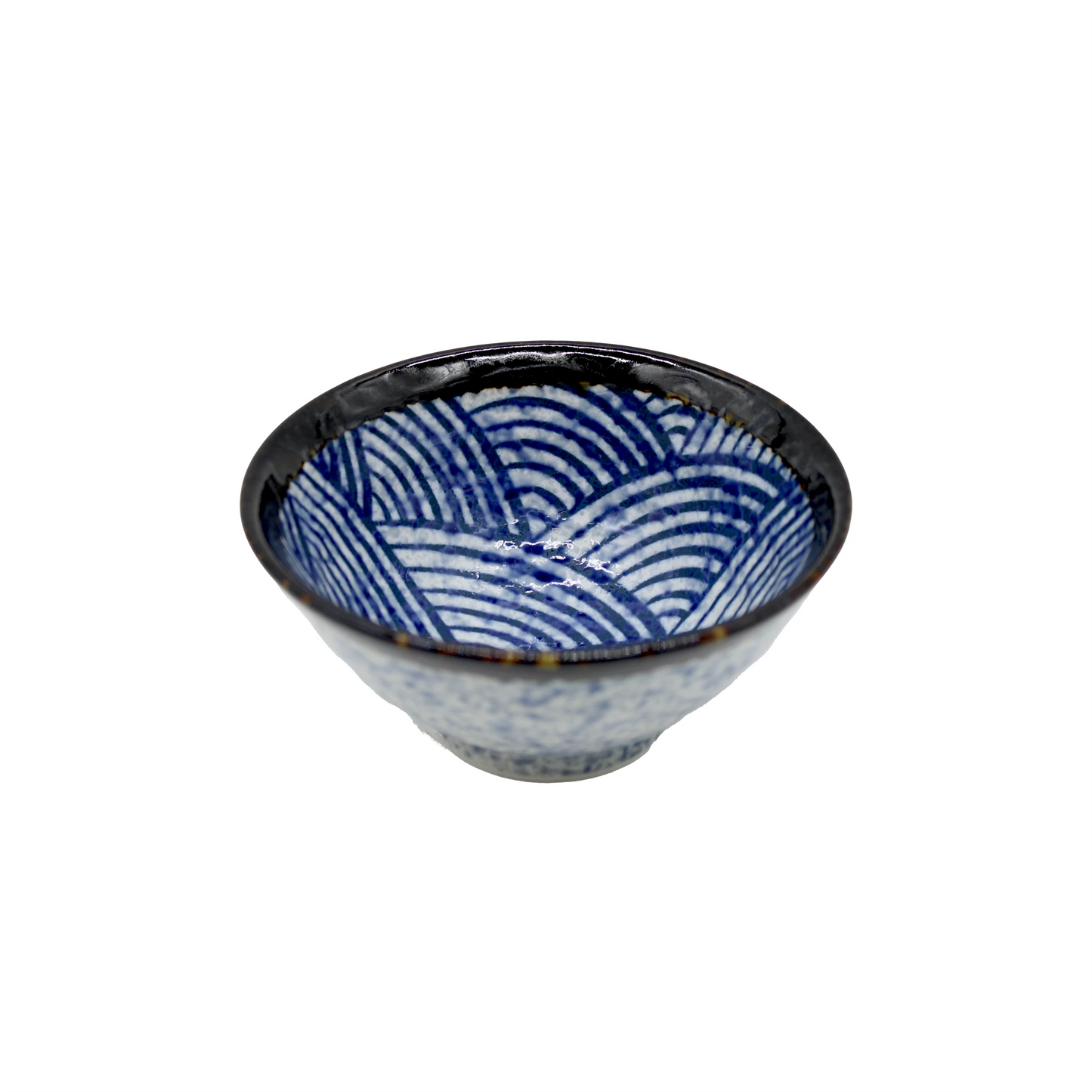
                  
                    The Rice Bowl - Japanese Wave features a small Japanese ceramic design with a blue and white geometric wave pattern and dark rim, inspired by traditional art, shown on a white background.
                  
                