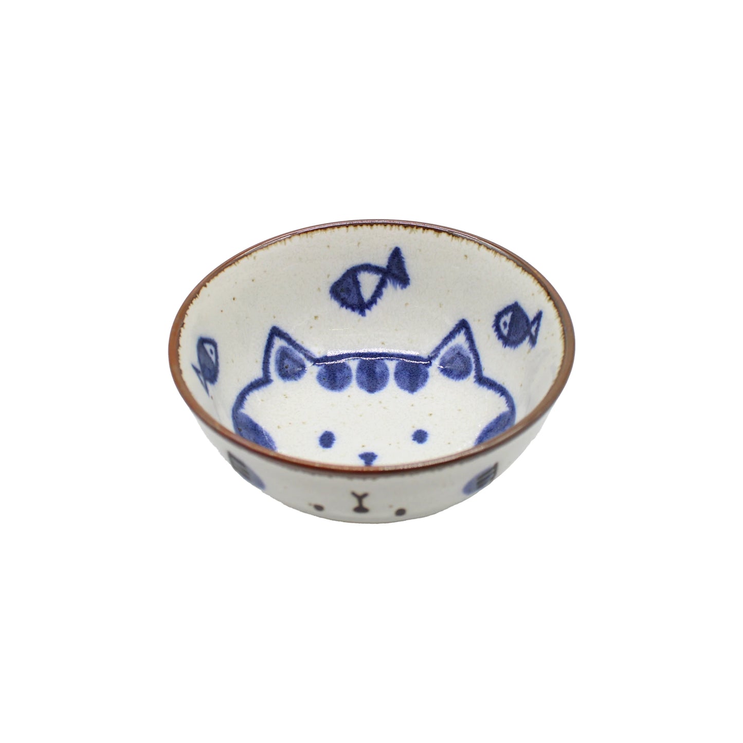 
                  
                    The Rice Bowl - Kawaii Cat features a blue cat face and fish illustrations on the inside, inspired by Japanese design, shown from above on a white background.
                  
                