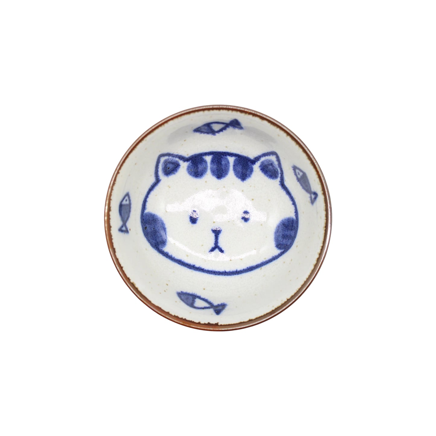 
                  
                    The Rice Bowl - Kawaii Cat is a small ceramic bowl featuring a blue illustration of a cat’s face with three fish, all viewed from above.
                  
                