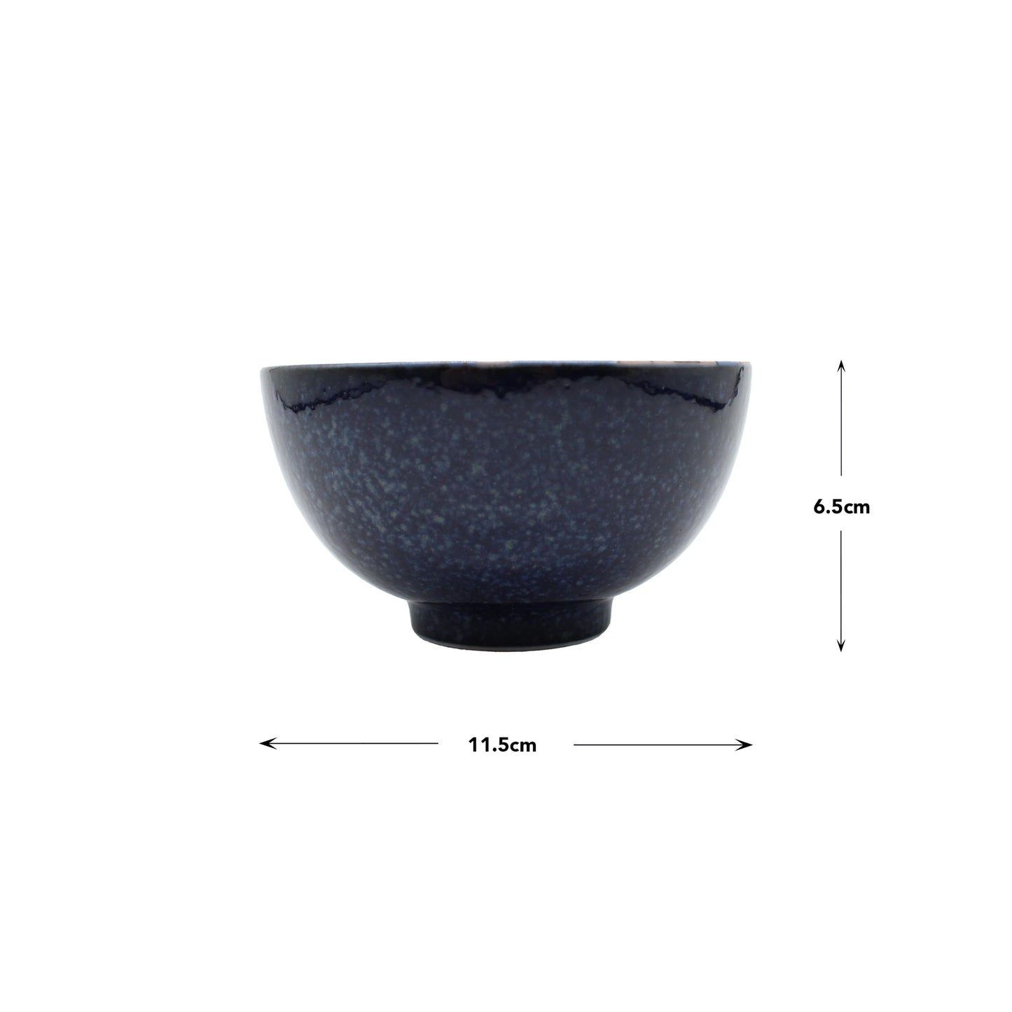 
                  
                    A navy blue ceramic bowl with a textured finish, inspired by traditional Japanese rice bowl designs, from the Rice Bowl Gift Set - Navy Blue & Pink Sakura, shown with dimensions: 11.5 cm wide and 6.5 cm tall.
                  
                