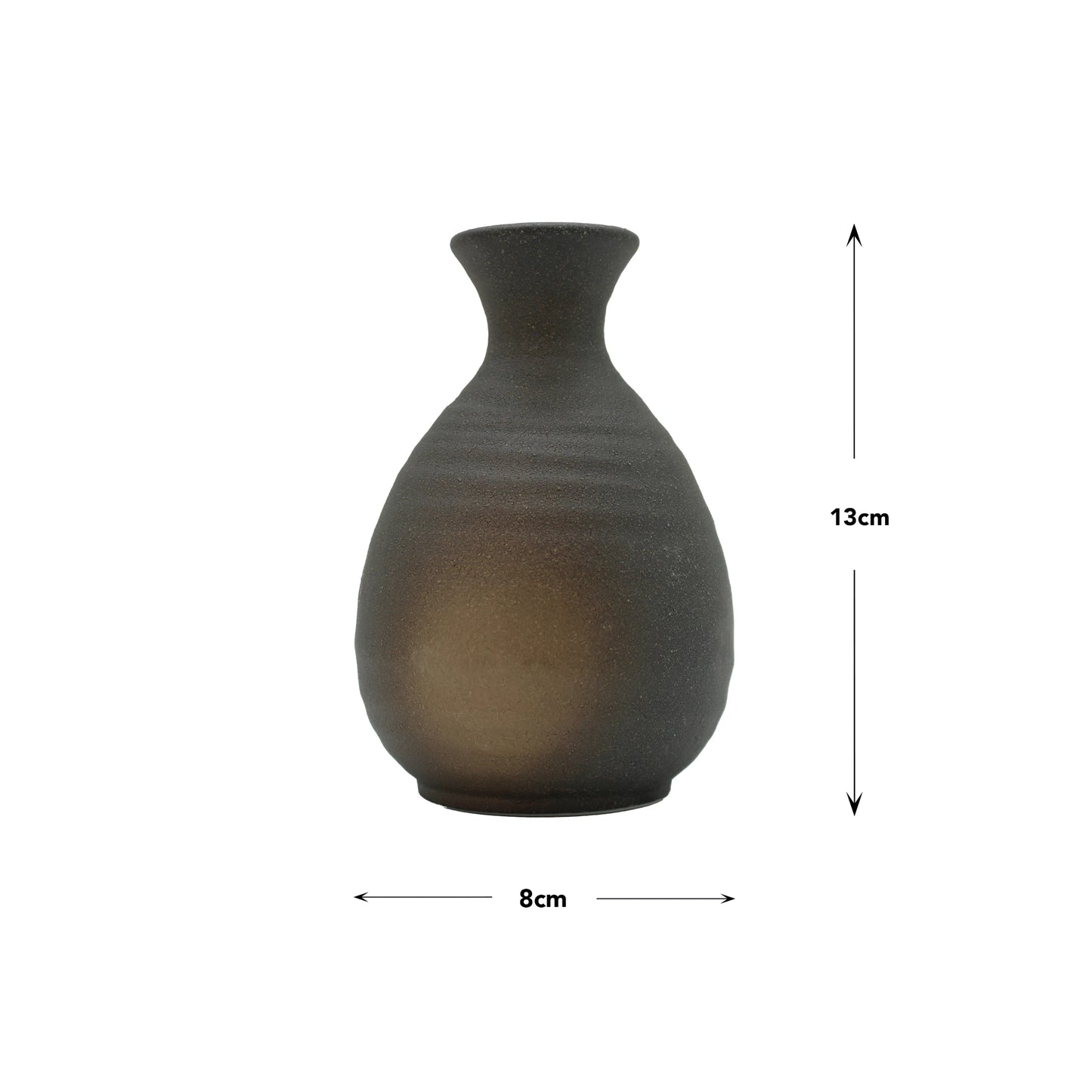 
                  
                    A Black Bizen ware ceramic sake carafe with a narrow neck, measuring 13 cm tall and 8 cm wide, displayed on a white background.
                  
                
