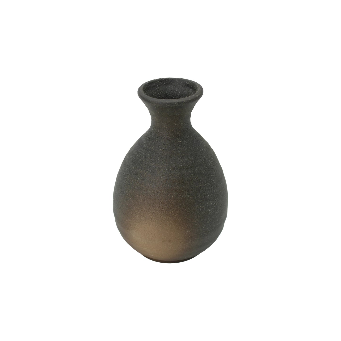 The Sake Carafe - Black Bizen is a small, matte-finished vase with a round body and narrow neck, inspired by traditional Okayama pottery and displayed on a plain white background.