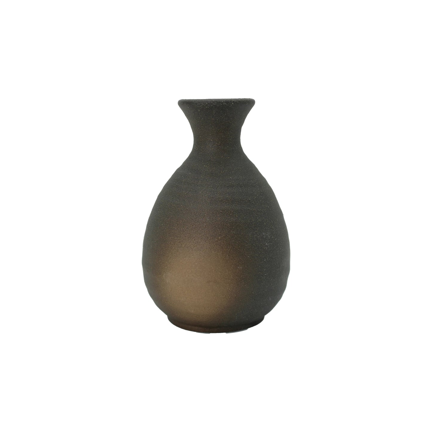 The Sake Carafe - Black Bizen features a matte, dark finish with a rounded body and narrow, flared neck, inspired by traditional Okayama pottery. Displayed against a white background.