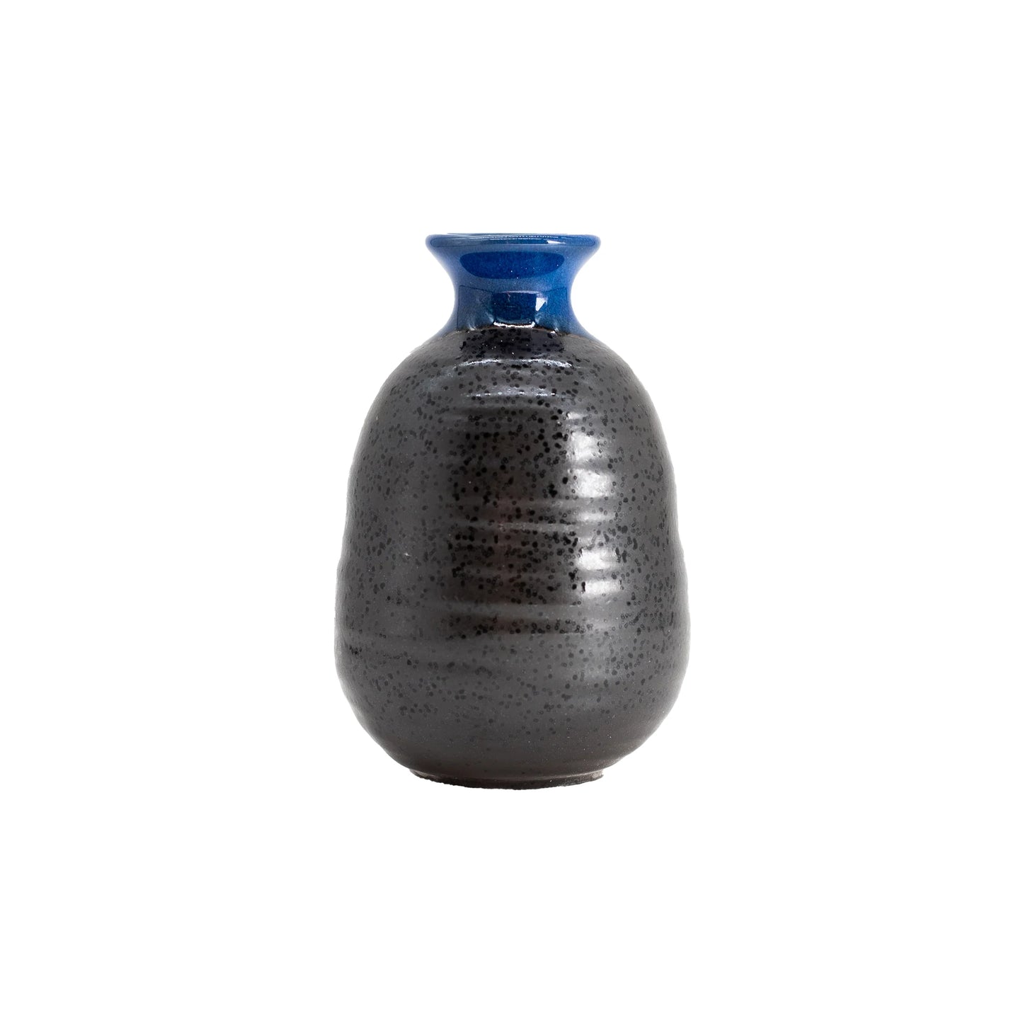 The Sake Carafe - Grey with Blue Top features a compact, rounded ceramic design with a glossy grey body and a narrow, vibrant blue rim. Photographed on a white background, its ideal for enhancing your Japanese dining experience.