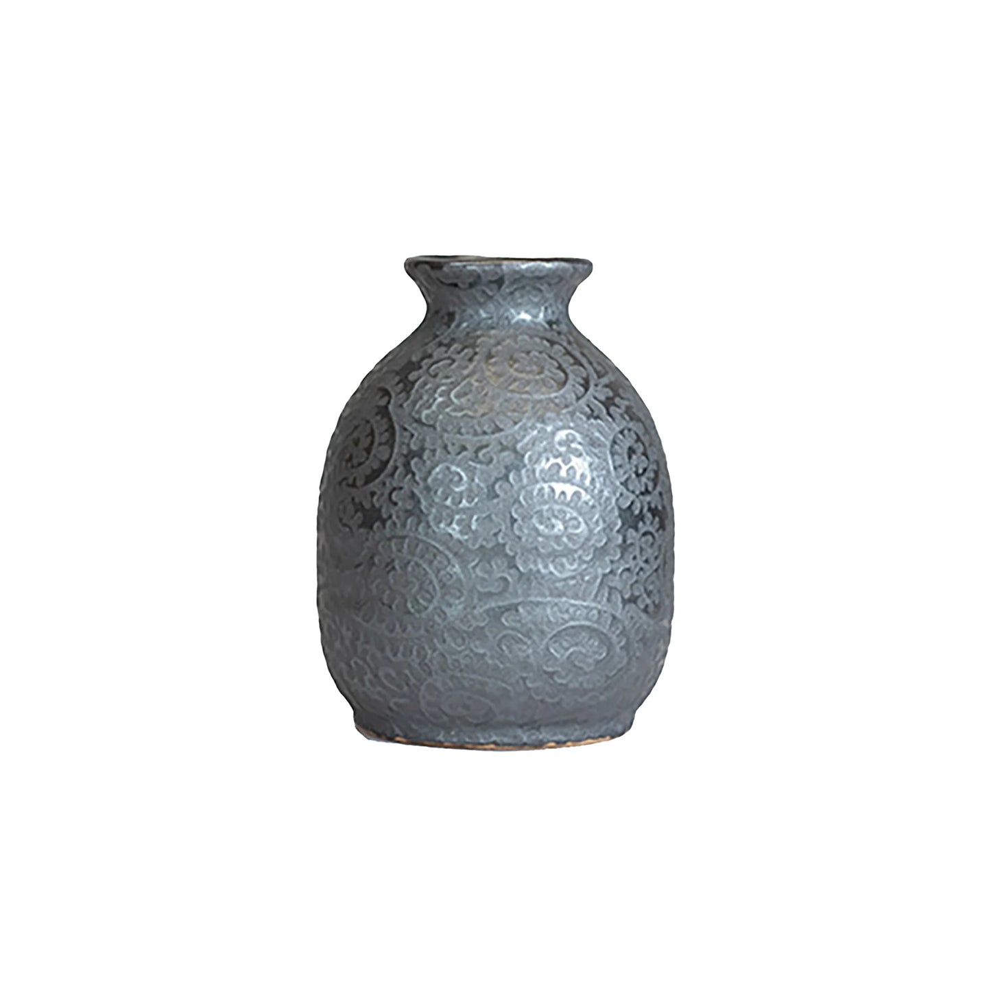 The Sake Carafe - Black Scroll features a round body, narrow neck, and embossed scroll pattern in a traditional style, shown against a plain white background.