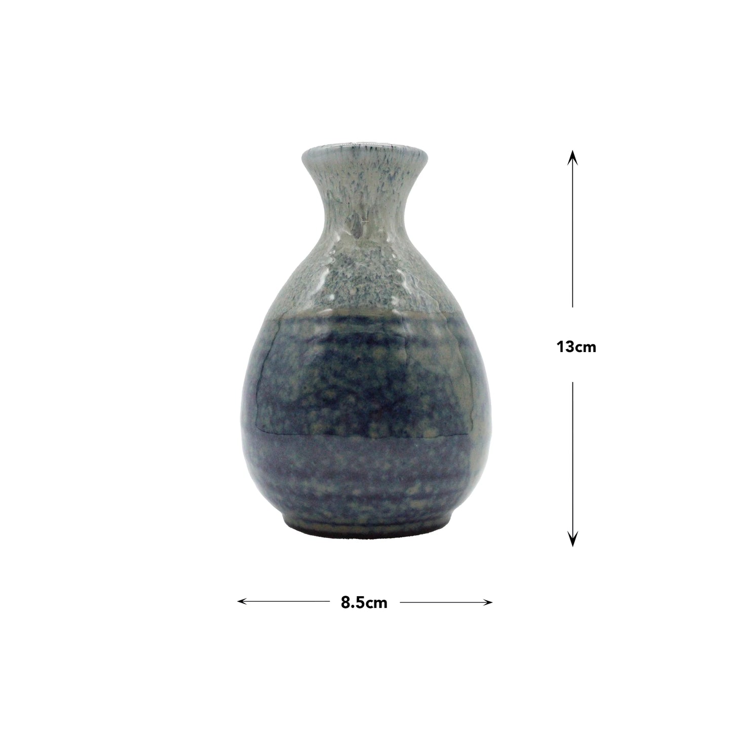 
                  
                    The Sake Carafe - Blue and Grey is a small ceramic vessel with a rounded body, narrow neck, and smooth glaze, measuring 13 cm tall by 8.5 cm wide. It is displayed against a white background with dimension arrows.
                  
                