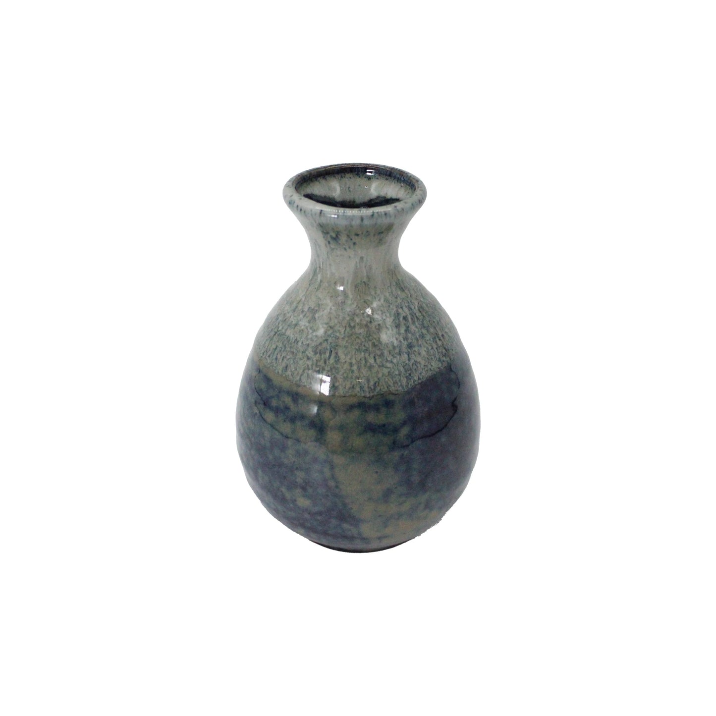 The Sake Carafe - Blue and Grey is a small, round ceramic vase with an ergonomic shape, a narrow neck, and a gradient glaze in shades of gray and blue, set against a white background.