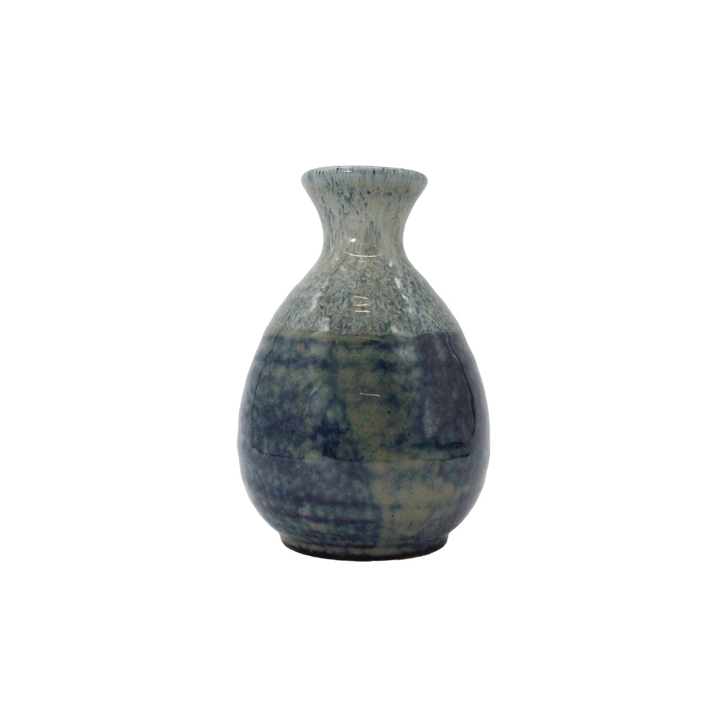 The Sake Carafe - Blue and Grey features a small, rounded ergonomic design with a blue-grey ceramic glaze, showcased against a plain white background.