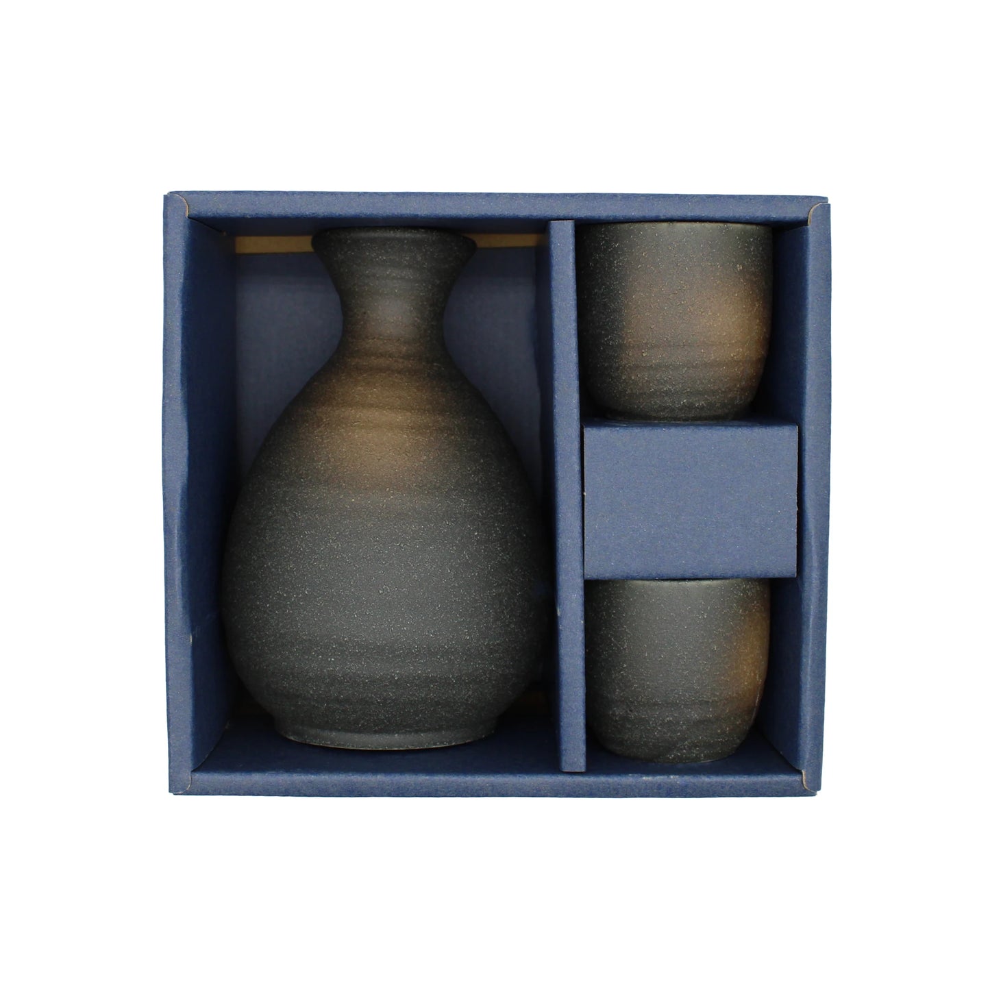 
                  
                    The Sake Gift Set For Two - Black Bizen includes a sleek black ceramic carafe and two matching cups, beautifully presented in a blue box with compartments—perfect as an elegant sake gift set for any occasion.
                  
                