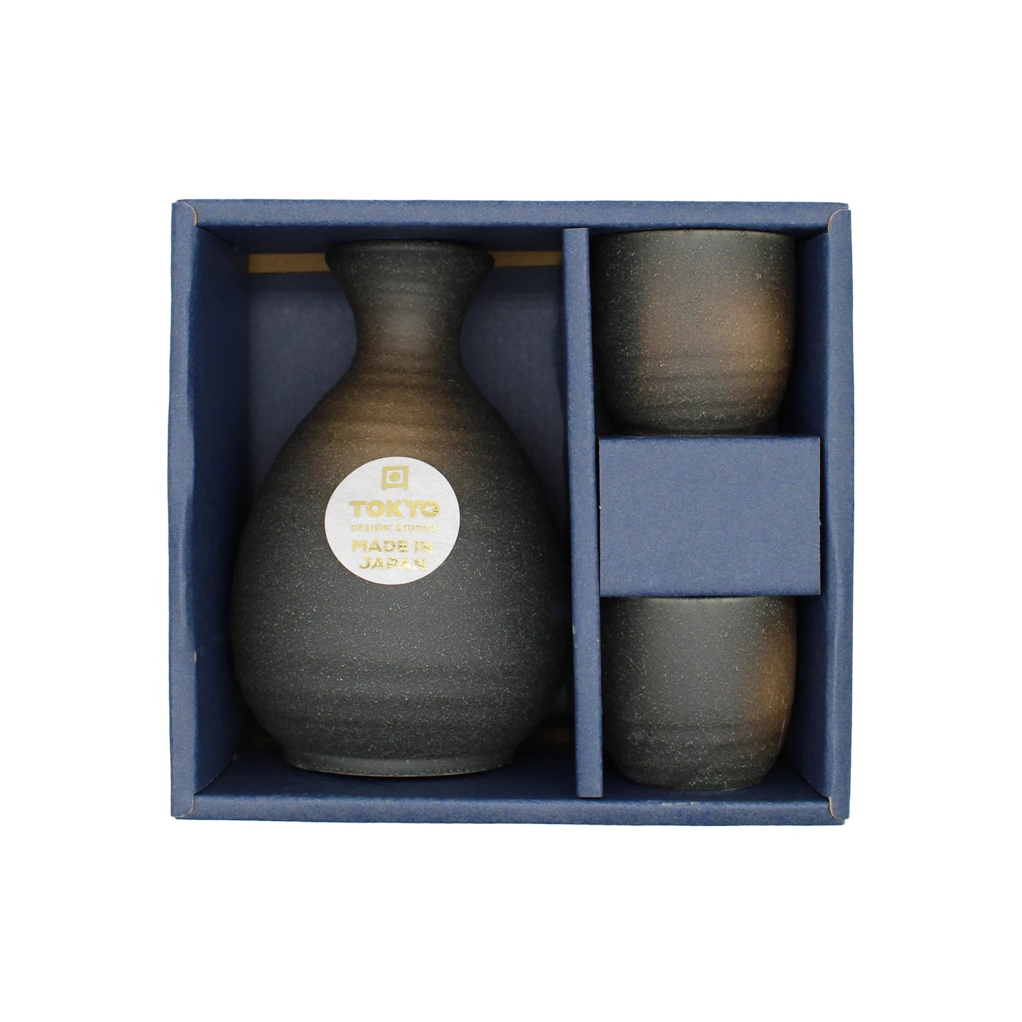 The Sake Gift Set For Two - Black Bizen features a Bizen-style pottery bottle marked “Tokyo Made in Japan” and two cups, elegantly boxed in blue—an ideal sake carafe and cup gift set.