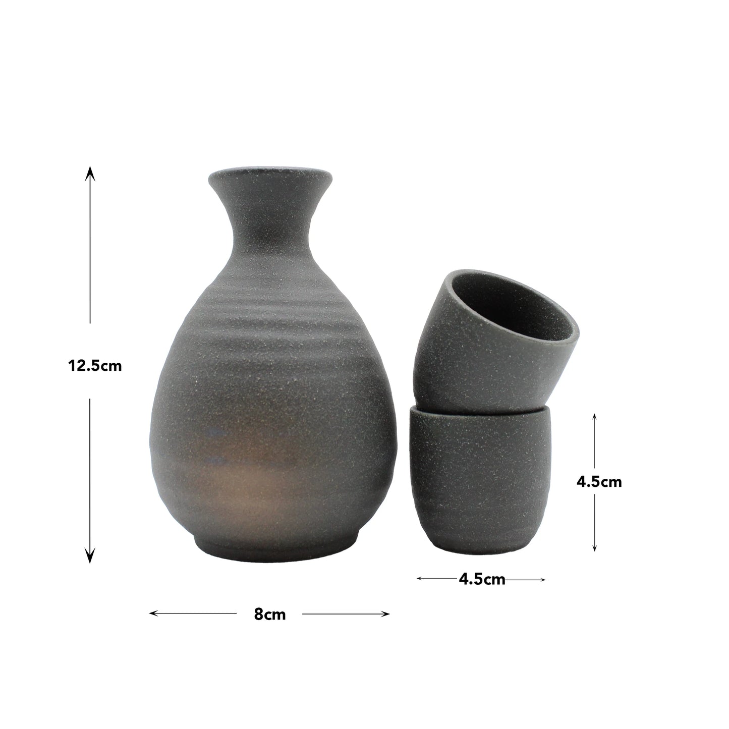 
                  
                    The Sake Gift Set For Two - Black Bizen includes a bottle (12.5cm tall, 8cm wide) and two cups (4.5cm each). This stylish Japanese sake set is ideal for gifting on any occasion.
                  
                
